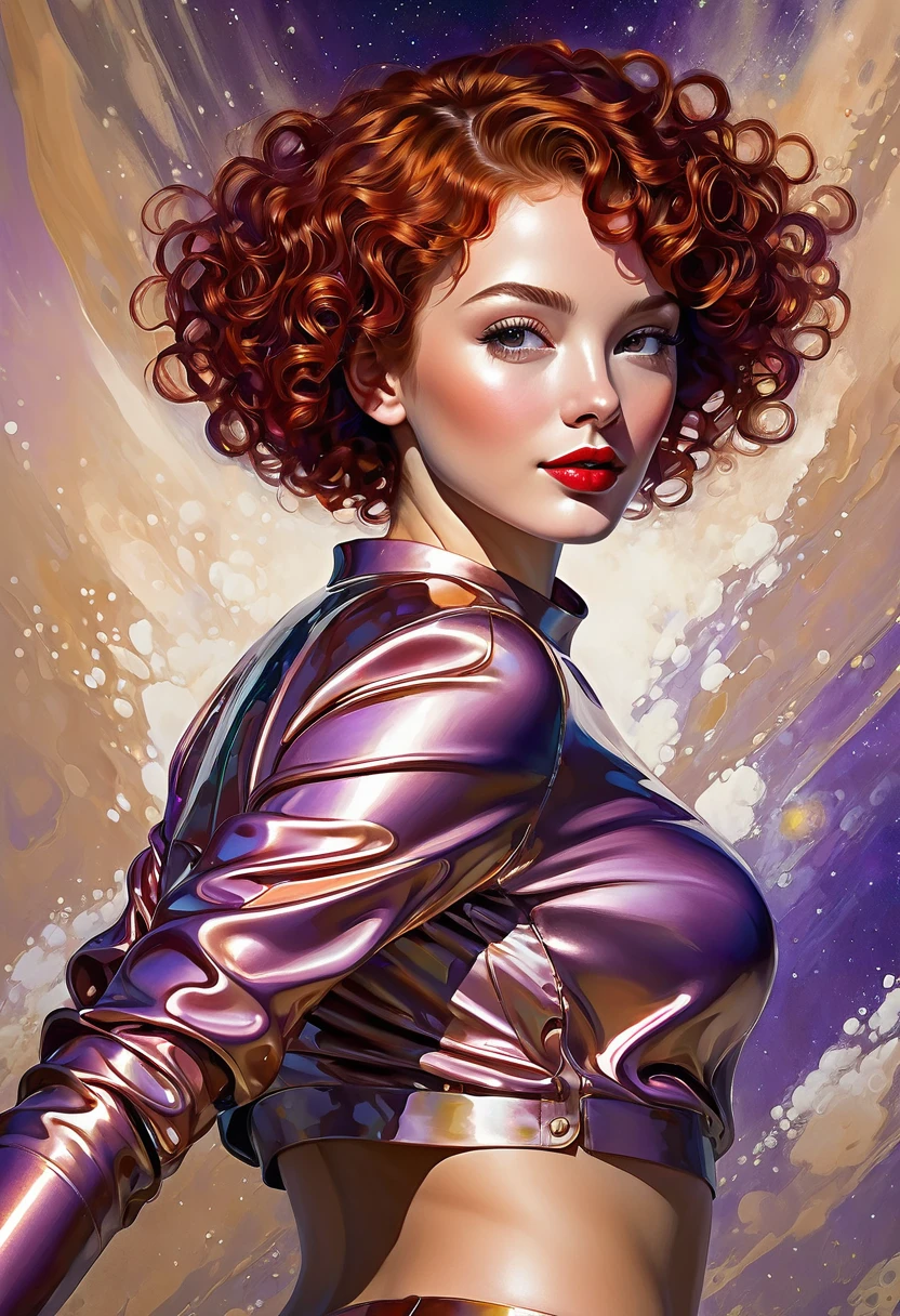 High-quality realistic acrylic painting, lateral back view, VIVID COLORS, a beautiful woman with short curly red hair, red lips, looking at the viewer with suspicious face and a shy smile. She wears beige AND purple shiny ultra-glossy armor, with the hands in waist, against a deep space background