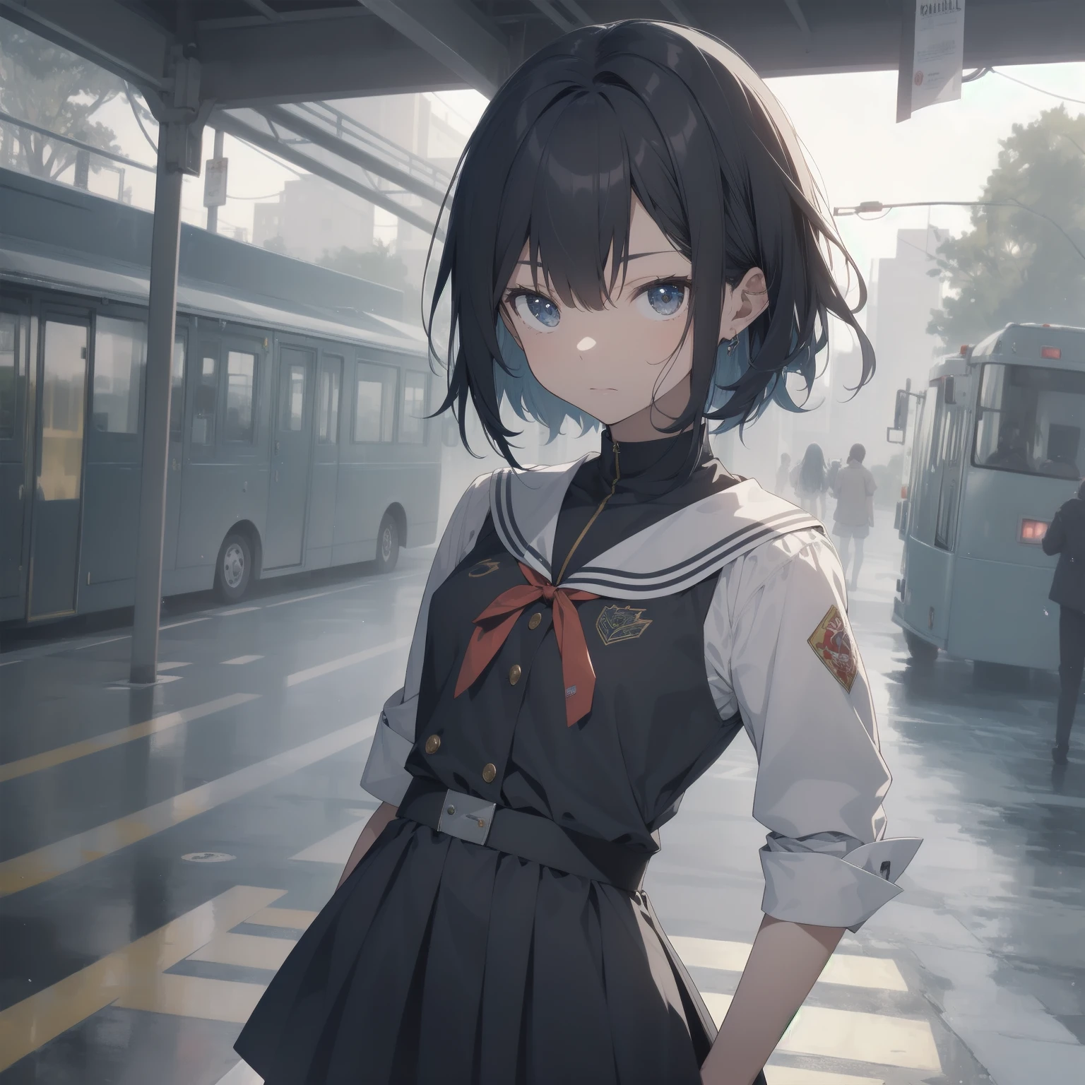 ultra-absurdres-Top quality by artist God, ultra-detailed, high resolution, anime moe artstyle, best anime 8k konachan wallpaper, pixiv contest winner, pool:2810, perfect anatomy,break, 1girl, (Please draw a girl walking sleepily to school alone. )break,(Solo,little female, 13-year-old:1.3),Full limbs, complete fingers,a junior high school student, (very short hair), short cut, flat chest, , small butt, small black eyes, beautiful detailed eyes, well-proportioned iris and pupils, expressive eyes, highres detailed hair, soft expression, salor school_uniform, sailor collar, serahuku, bow, pleated skirt,(Detailed Lighting), (Detailed background), in the School commute route. break,super detailed skin, Best cinematic lighting powered by famous artist, 8k,beauty illustration,photoshop_(medium),very aesthetic,break,((artist:minami_(colorful_palette) )), artist:clamp ,artist:carnelian ,artist:kantoku ,