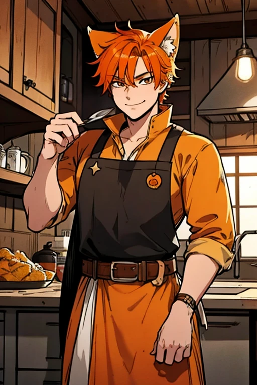 Perfect face. Perfect hands. An orange haired male cowboy with orange eyes and orange fox ears and an orange fox tail in a sheriff's outfit is smiling while making dinner in the desert of a wild west town