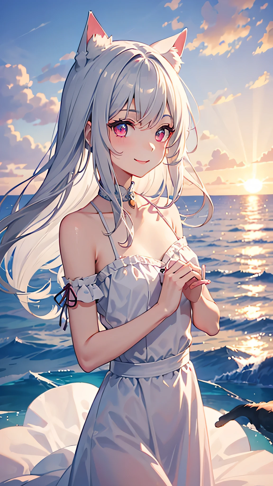 Medium chest,pretty girl,smile,Cat ear, Beautiful silver hair,Pink inside,Beautiful pink eyes,White dress,sea,sunrise,ice