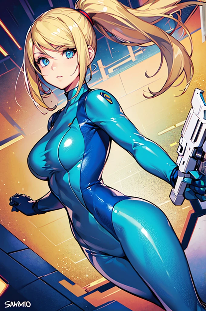 thick outlines, comics, photorealistic, 1girl, solo, dynamic pose, samus, zero suit, blue eyes, ponytail, holding gun with both hands,  inside of a spaceship, futuristic, detailed background, detailed face, detailed eyes, 