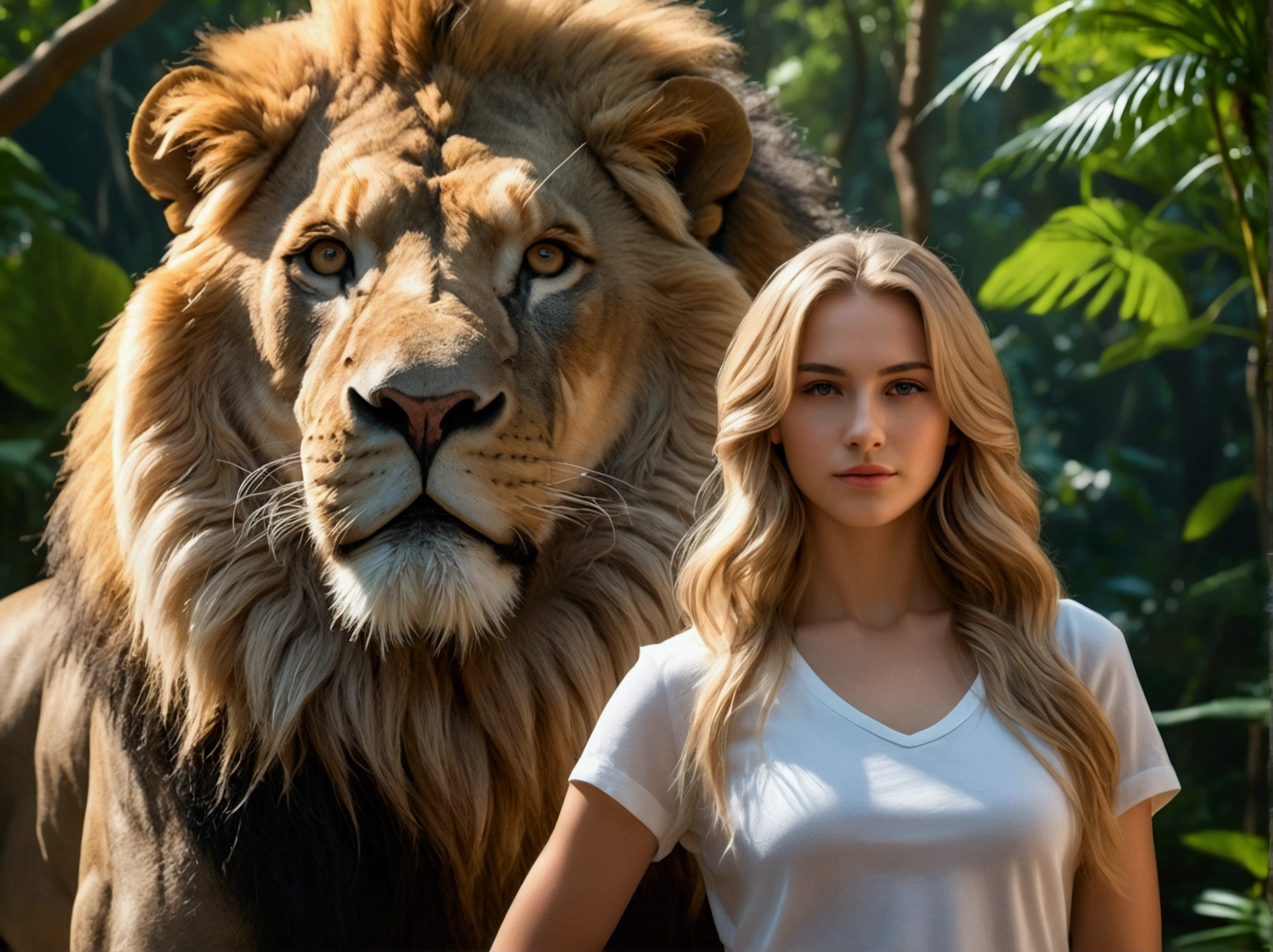 a beautiful 23 year old blonde girl with very long hair, wearing tarzan-style clothing, posing next to a huge lion, (best quality,4k,8k,highres,masterpiece:1.2),ultra-detailed,(realistic,photorealistic,photo-realistic:1.37),hyper-detailed portrait,dramatic lighting,lush forest environment,detailed foliage,dramatic shadows,cinematic composition,vivid colors,stunning realism