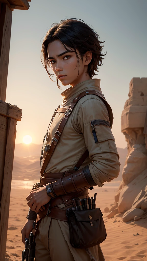 
Create a highly realistic, cinematographic portrait of **CENGİZHAN**, a young hero from the Star Wars universe. CENGİZHAN ist ein mutiger und entschlossener Junge im Alter von etwa 14 yearsn. He has a wild, but sympathetic charisma. 

**Details:**

- **Face and expression:**
  - Alter: 14 years.
  - Skin color: Helle, slightly tanned skin.
  - Eyes: size, expressive brown eyes with a touch of determination and curiosity.
  - Hair: Short, dark hair, slightly disheveled, which give it an untamed look.
  - Expression: A brave, determined look with a touch of innocence and adventurous spirit.

- **Clothing and equipment:**
  - Wears a mix of traditional Star Wars clothing and improvised armor.
  - A simple, but robust helmet, which he made from various materials.
  - A worn, leather tunic and matching trousers, which offer both freedom of movement and protection.
  - A self-made blaster, who hangs at his side.

- **backdrop:**
  - A rough, desert-like planet with two suns on the horizon, reminiscent of Tatooine.
  - Im backdrop sind verfallene Gebäude und Teile abgestürzter Raumschiffe zu sehen, that create a post-apocalyptic atmosphere.

- **Light and atmosphere:**
  - Warmes, golden light of the setting sun, das das Gesicht von CENGİZHAN sanft beleuchtet und seine Entschlossenheit betont.
  - Dust and sand, which swirl gently through the air and create a mystical, create an epic atmosphere.
  - Deep shadows, which enhance the contrast between light and darkness and give the image a dramatic touch.

**Additional Notes:**
- Pay attention to a high level of detail in the depiction of Cengizhan&#39;s facial features and his clothing. The image should have a cinematic quality, as if it were a still from an epic Star Wars movie. The atmosphere should convey excitement and a sense of adventure.