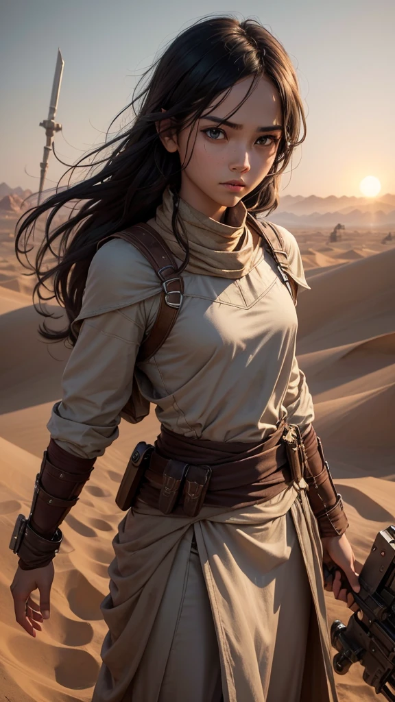 Soft cyberpunk style, gray white desert ruins, flying sand and dust, petite black-haired girl wandering in the desert, wearing milky white religious clothing wrapped all over the body, white tattered cape fluttering in the wind, avoiding the wind and sand, with the character as the core, elegant movie posture, straight eyes.