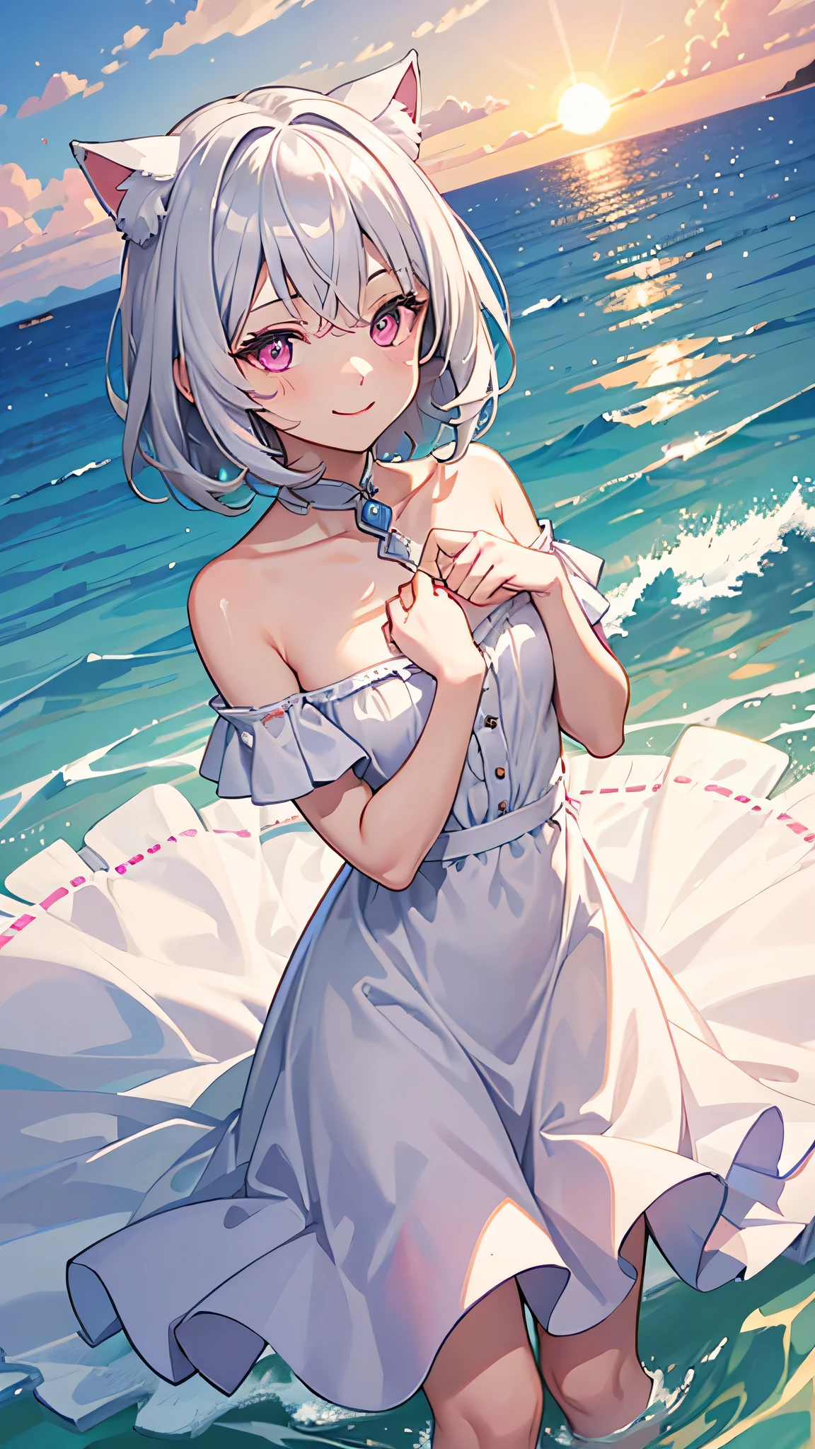 (Masterpiece), (Top Quality Anime Illustration), (Super Definition), One Girl, Solo, Beautiful Girl with Silver Hair, Anime Loli, Cat Ear Loli, Petite, Cleavage Emphasis, Thigh Emphasis, White and Navy Blue Sundress, Short Sundress, Off Shoulder, Wet Sheer, Smile, After the Rain, Rainbow