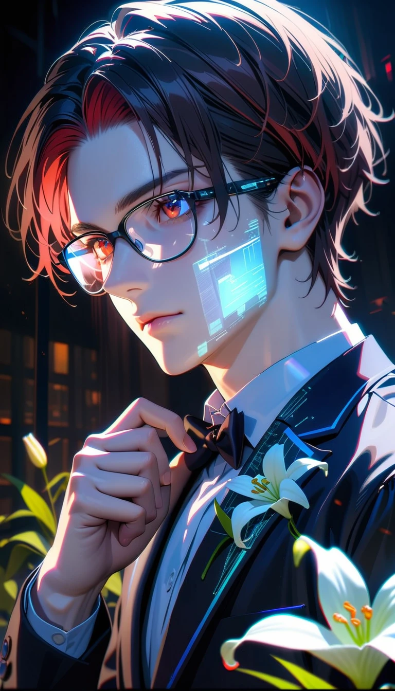 Masterpiece, Best Quality, Super Detailed, High Definition, Expensive Resolution, HDR, Super Detailed CG, Beautiful Details, Depth, Fine Texture, Super Fine, Complete concentration, Pale skin, Handsome man, smart and cool man, confident, short hair, black hair, red hair highlight, beautiful detail eyes, red eyes, full details black tuxedo suit, blue trim, glasses, 1 male, pin a lily on one's chest, Cold face and eyes, closed mouth, ethereal atmosphere, lily garden, intricate details, volumetric lighting, atmospheric lighting, lens flare, particles, Cinematic light, colorful light, white colors schemes, Holding a white lily flower, fine detail, intricate, beautiful detailed glow, extremely detailed eyes and face, futuristic, hlpr, (hologram, glitch, holographic face, ui, interface, nodes),