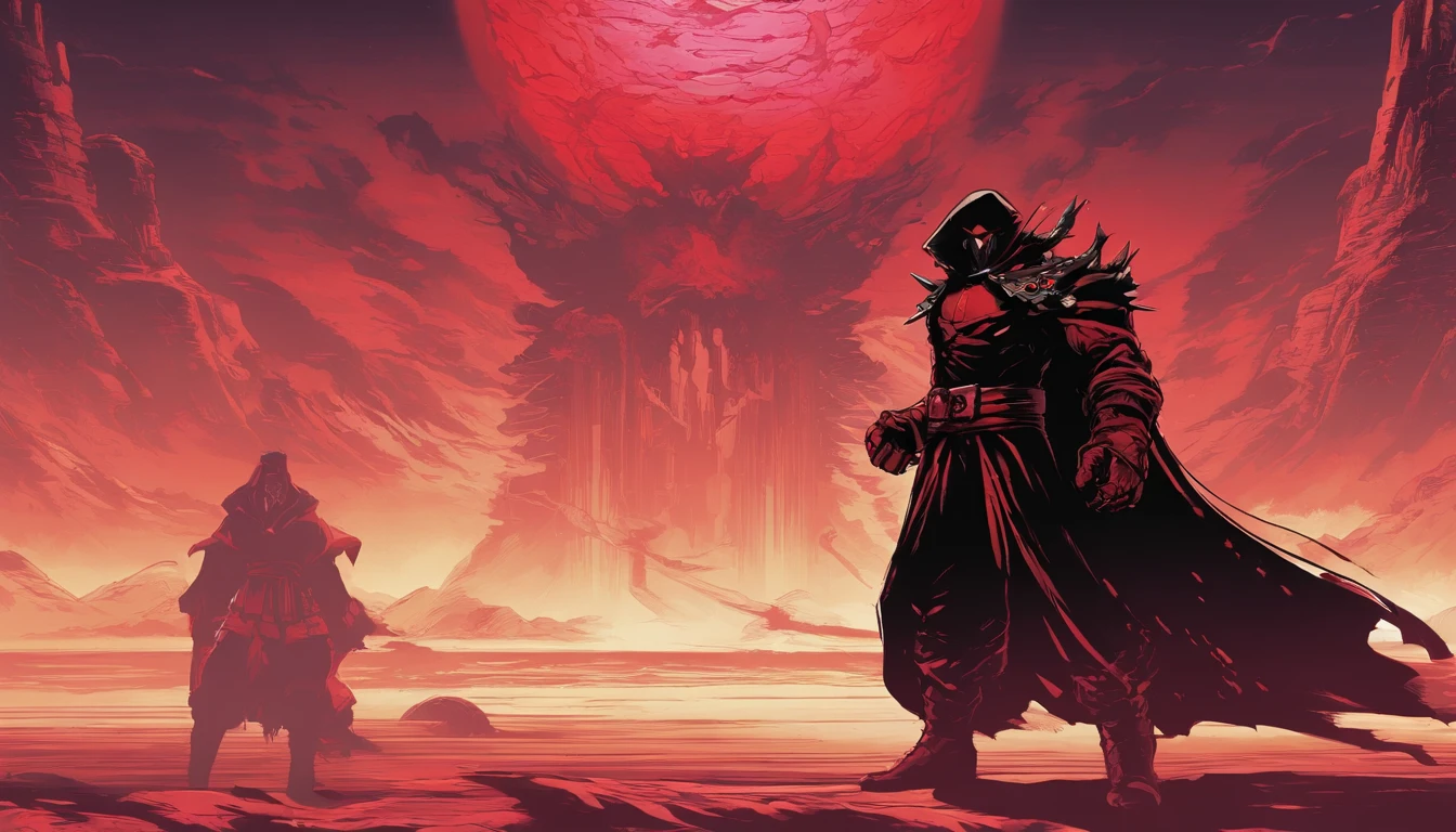 A menacing, original Star Wars-inspired villain emerges from the shadows. Clad in dark armor, the character's face is obscured by a unique helmet that features a series of sharp, protruding spikes and a glowing red eye. The villain's red cape billows behind them as they confidently stride forward, their weapon of choice - a sinister-looking staff that emits a faint, eerie energy. The background features a mysterious, ominous planet with a blood-red sky, hinting at the villain's sinister intentions.