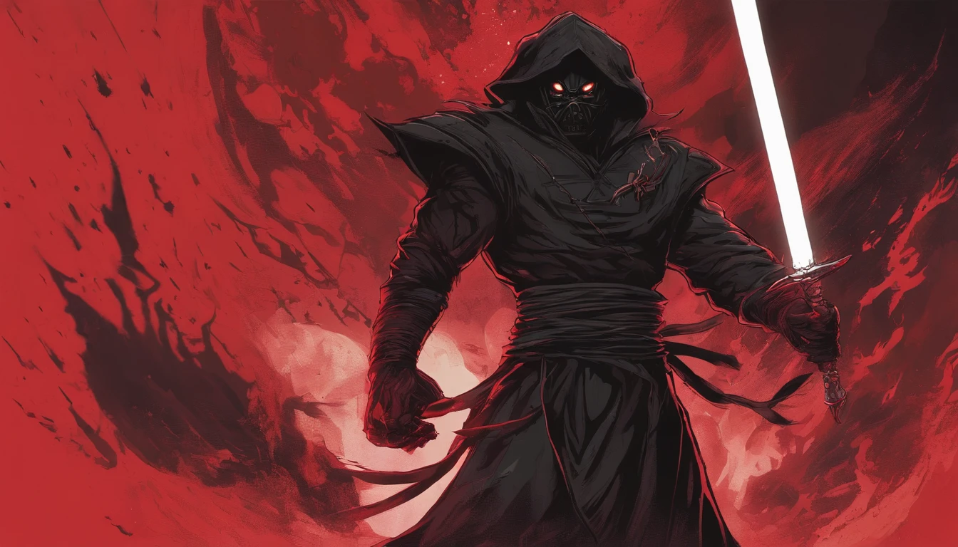 A menacing, original Star Wars-inspired villain emerges from the shadows. Clad in dark armor, the character's face is obscured by a unique helmet that features a series of sharp, protruding spikes and a glowing red eye. The villain's red cape billows behind them as they confidently stride forward, their weapon of choice - a sinister-looking staff that emits a faint, eerie energy. The background features a mysterious, ominous planet with a blood-red sky, hinting at the villain's sinister intentions.