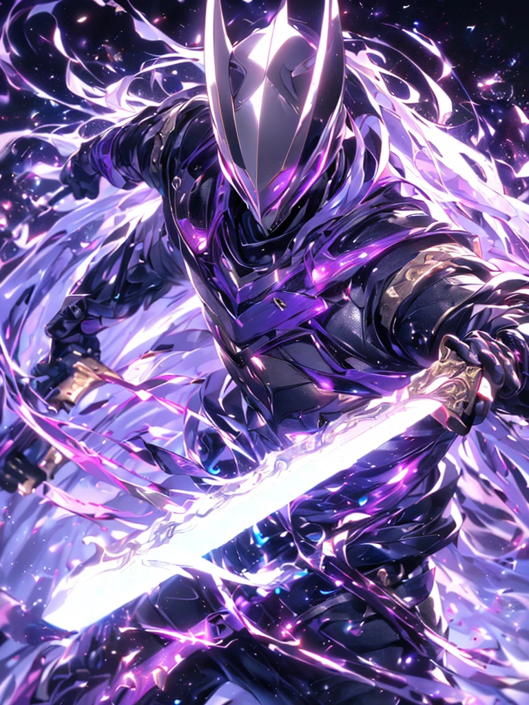 Super Realistic, Hyper Realistic, Super Detailed, (cybersamurai, 1boy, ((solo)), attacking with purple sword, wearing purple-red armor and mask, cape, glowing beautiful purple eyes, glow:1.3) (glowing simple black background:1.25),