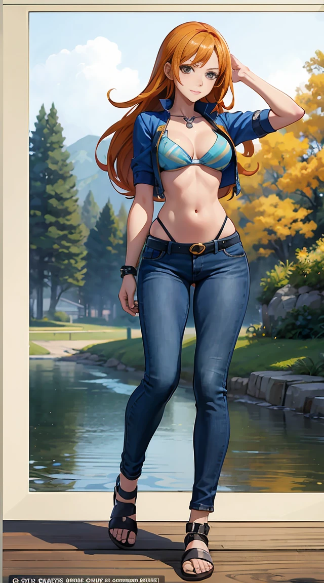 (masterpiece, Highest quality),Browsing Caution,Cartoon photo of a woman in a bikini top and jeans, Anime drawings inspired by Masamune Shirow, Pixiv, Self-sastructing art, Enchanting anime girl, Nami One Piece, Biomechanical , Nami from One Piece, Pixiv 3dcg, , I also make fan art, top rated on Pixiv