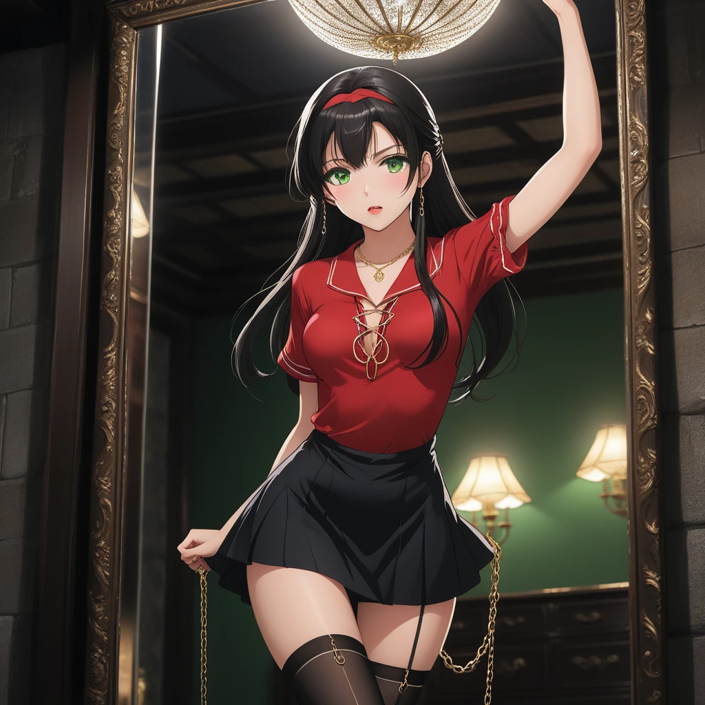 (full body image:1.5), (hyper-detailed image:1), (professional image:1.5), explicit content, source_hentai, 1girl, (perfect sexy body:1.5) black hair, long hair, green eyes, w-w-chain, shackles, raise arms, clean hair, red shirt, skirt, pantyhose, high heels, night, dungeon, best quality, best res, 4K UHD, (young sexy girl forced to standing up against a mirror to show her ass:1.5), (blindfolded:1.5), hairpin, ponytail, (sexy open minidress that shows her pussy:1.5), Looking at the viewer, (she is ashamed:1.4), (sexy black pantyhose:1.5), (detailed face:1.5), (****ta face:1.5), (ashamed expression:1.5)
