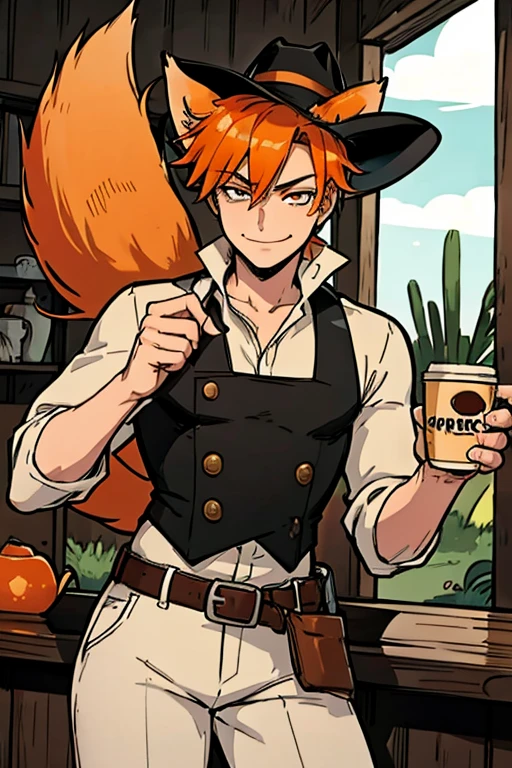 Perfect face. Perfect hands. An orange haired male cowboy with orange eyes and orange fox ears and an orange fox tail in a sheriff's outfit is smiling while drinking coffee in the desert of a wild west town