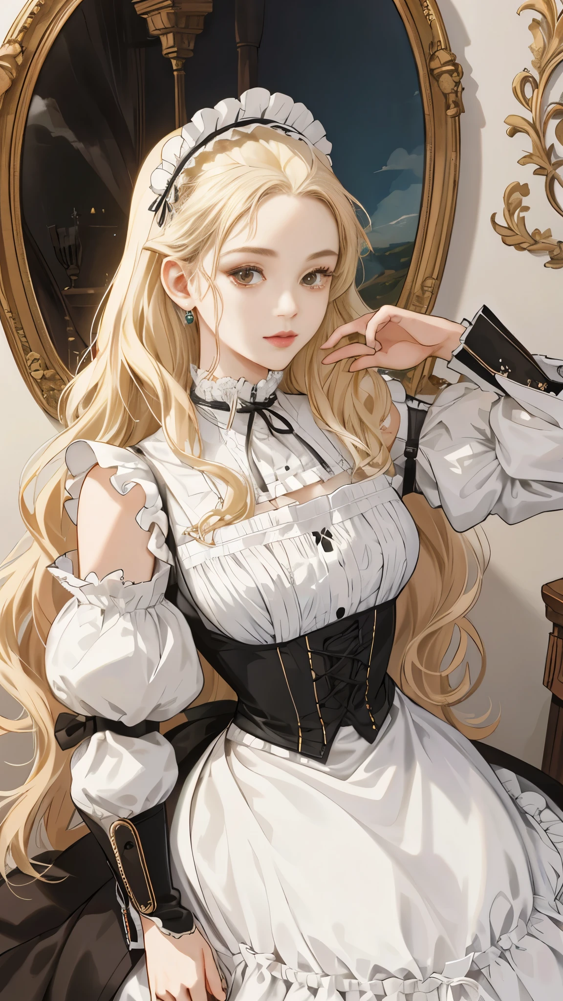 (nsfw), Chobitsu, Masterpiece, Highest quality, Extremely detailed, Ultra high resolution, Hyper-realistic,
One emotionless girl, alone in a luxurious mansion, with bangs covering her forehead, exposing her shoulders and chest. She has brown eyes, a small circle-shaped Chobitsu logo on her head, and platinum blonde hair that falls in long waves, adorned with a maid headdress and apron in the MKSKS style. Her robot ears are visible, and she has a , which is accentuated by the tight Victorian maid dress she is wearing. The detail of her hair tube is intricate, and the