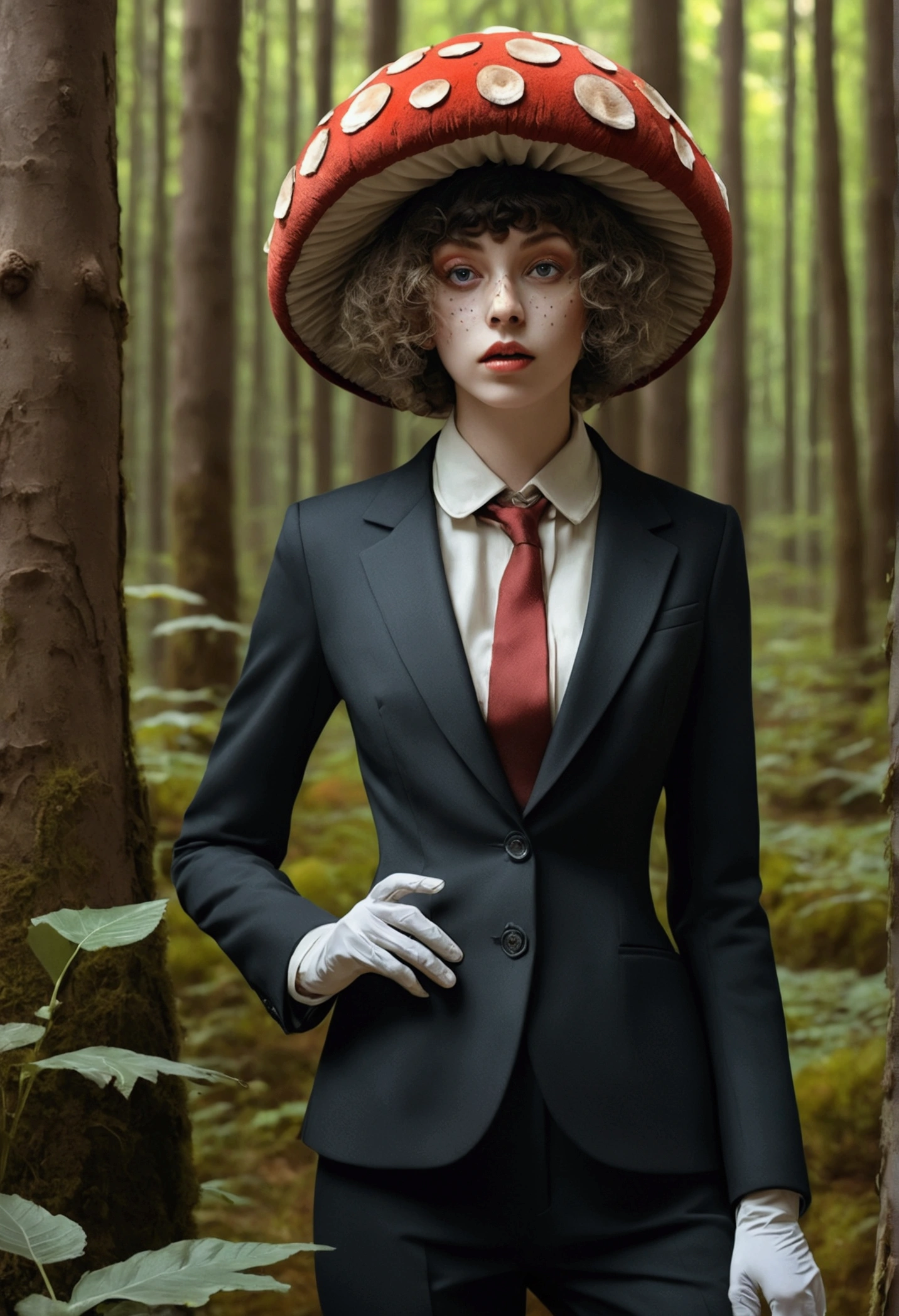 one retro crazy girl on the Mooshrooms forest, Mooshroom, One girl, ((vintage tight suit Taoization師)), ((dirty)), foolish clothes, foolish cap, Taoization師, Taoization, clown, fool, Charlatan, Harlequin ((Highest quality)), ((masterpiece)), ((Realistic)), Realistic photo, Artistic anatomical hand, Trending on Art Station, Sharp focus, Intricate details, Very detailed, Detailed eyes, Very detailed, Sharp focus, Digital Rendering, Professional photography, 4K, masterpiece in the style of (Rembrandt:1.1), (Caravaggio:1.1), Pastel drawing