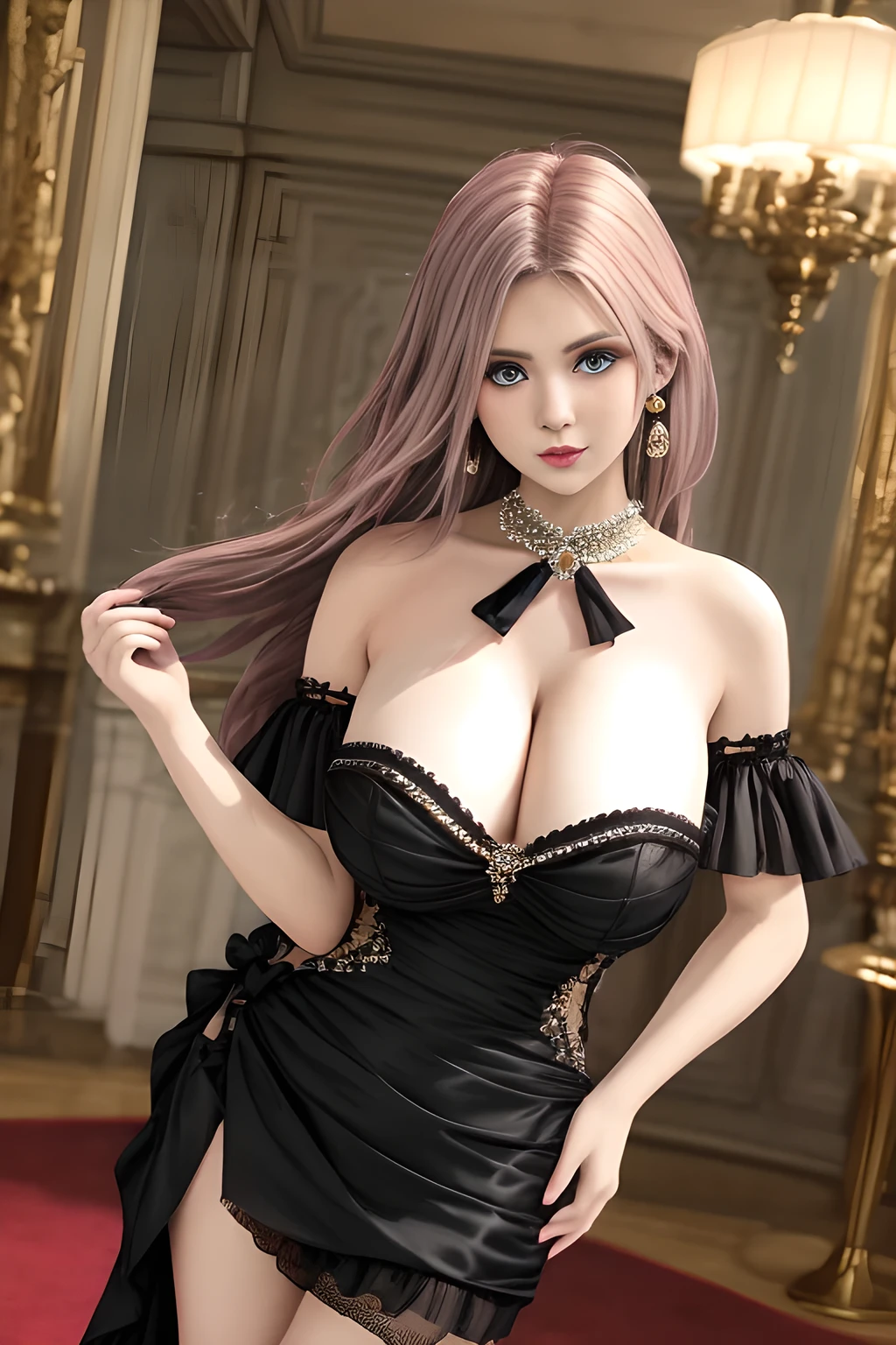 1girl is wearing an elegant black strapless dress. The dress is beautifully designed with ruching on the bodice and a cascading ruffled asymmetrical hem, adding a playful and chic touch to the outfit. The person is standing upright, with one hand gently touching their leg and the other hand relaxed by their side. The background is plain and neutral, drawing attention to the dress itself. The lighting is soft, highlighting the details of the dress and creating a fashionable and stylish atmosphere,, huge breasts, elise