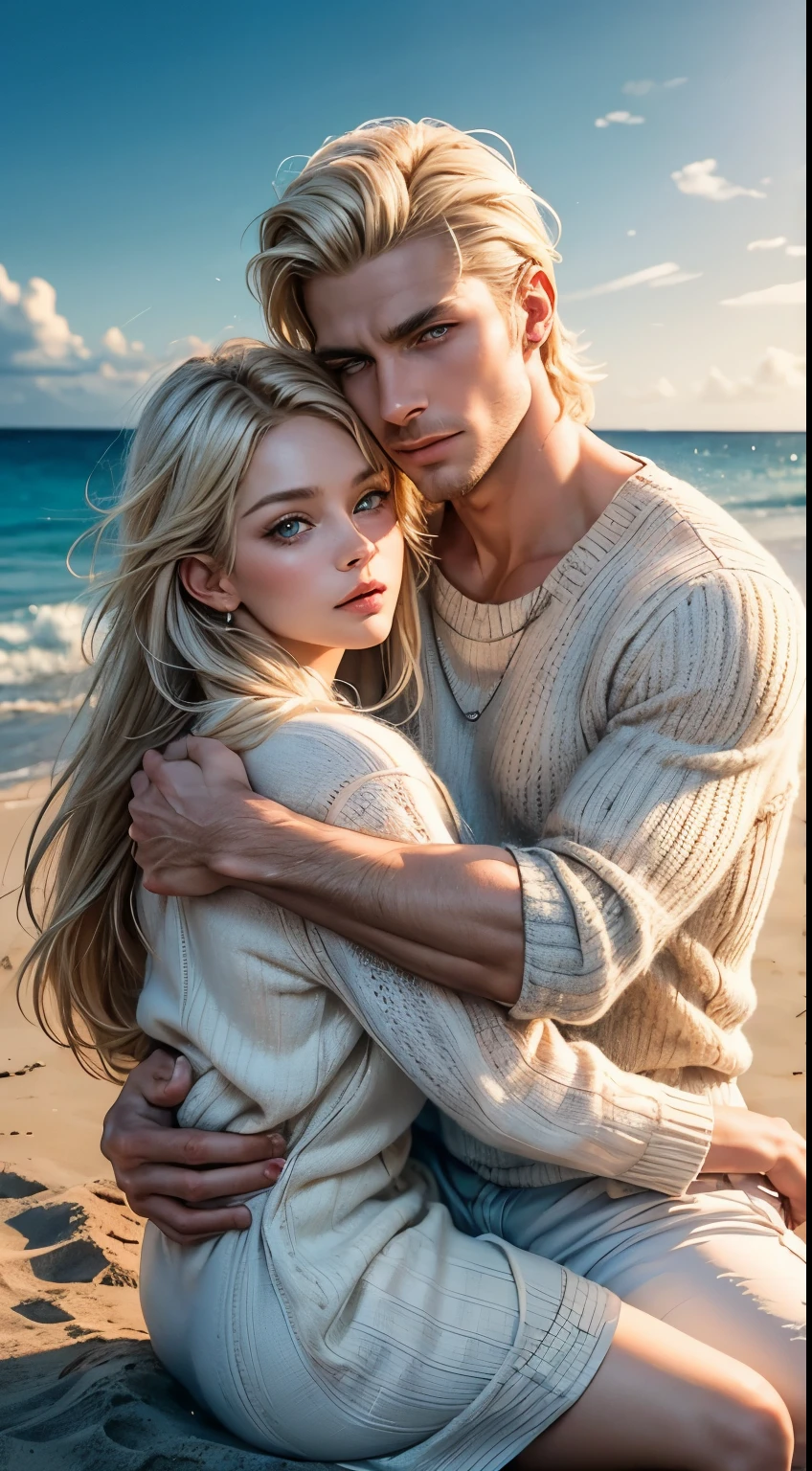 A beautiful tropical beach, an incredibly beautiful sunset. A tall, statuesque, handsome, masculine, manly, athletic adult man is platinum blond, he has tanned skin, blue eyes, perfect facial features, a smooth-shaven face, he has long straight white hair. He is dressed in a white shirt and light jeans, sitting on the shore and hugging an incredibly beautiful graceful delicate young woman sitting next to him-a golden-haired blonde with blue eyes, long golden hair tied with a red ribbon, she is dressed in a light white dress and wrapped in a warm knitted sweater, clinging to him. They are in love with each other. They are happy. Masterpiece, perfect image, realistic pictures, detailed face study, full-length image, 8k, detailed image. an extremely detailed illustration, a real masterpiece of the highest quality, with careful drawing.