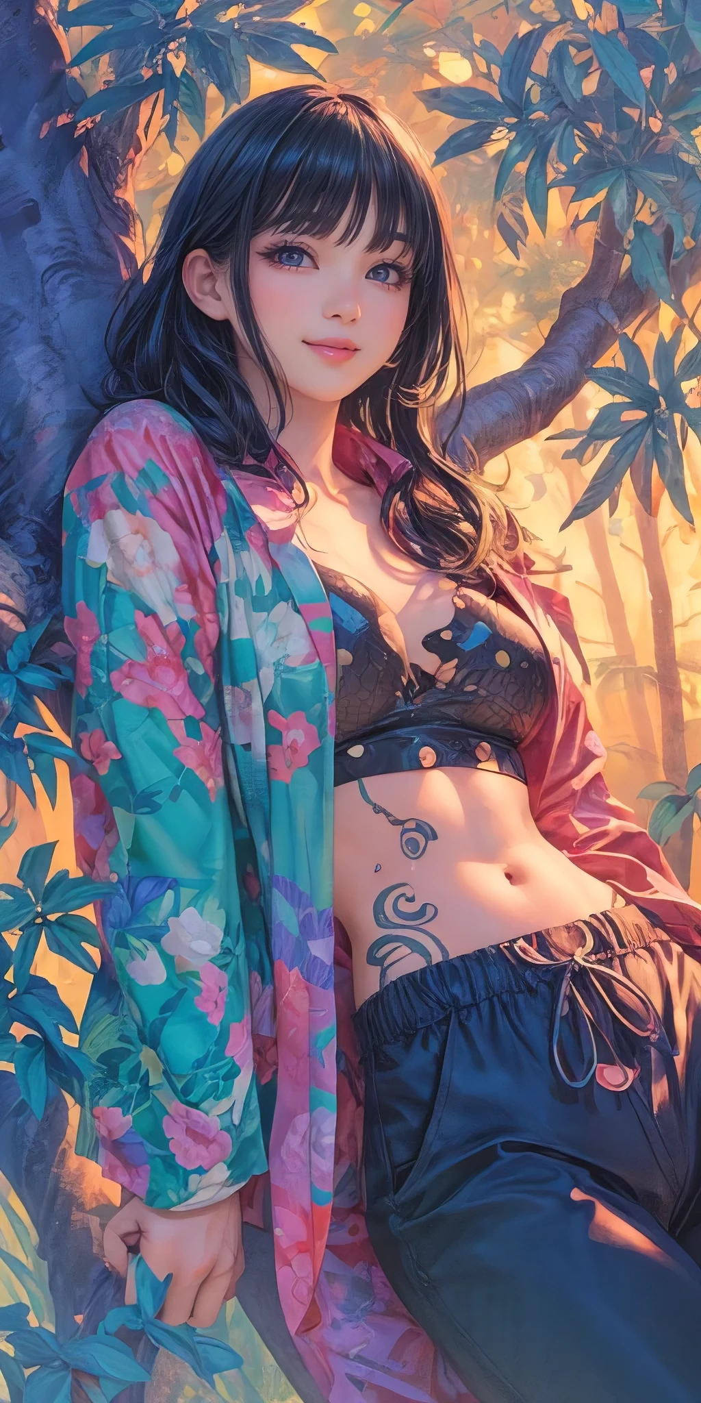 frank cho, anime painting, open printed silk jacket, fair abs, (huge breasts), small circle tattoo on ribcage, kind smile, leaning on a tree, mystical forest, evening, detailed, vibrant, fantasy style, comic style, manga style