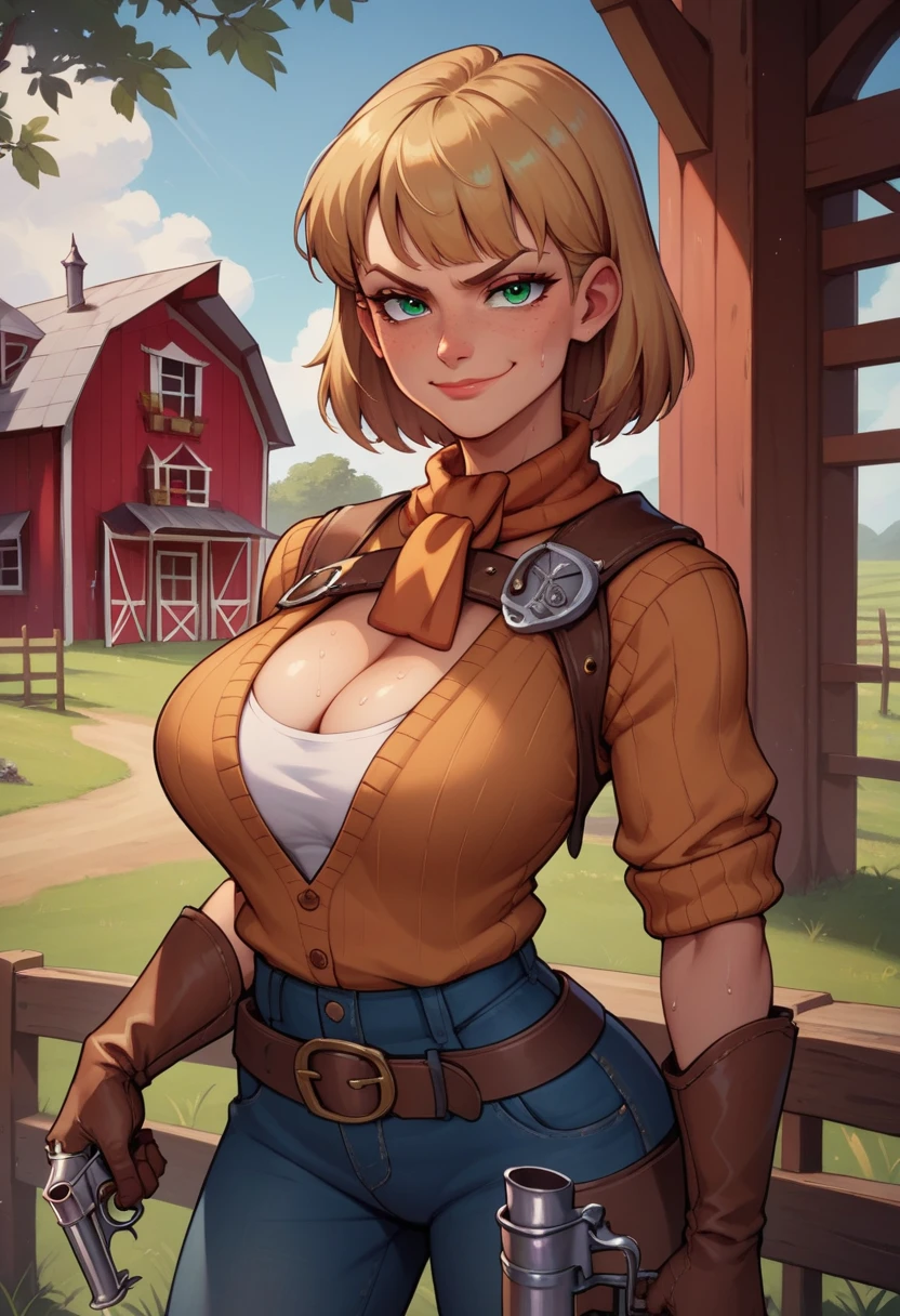 score_9, score_8_up, score_7_up, score_6_up, BREAK ashley graham, wearing cowboy outfit, brown leather gloves, big breasts, evil smirk,holding revolver, sweating,on a farm, looking at viewer, cleavage