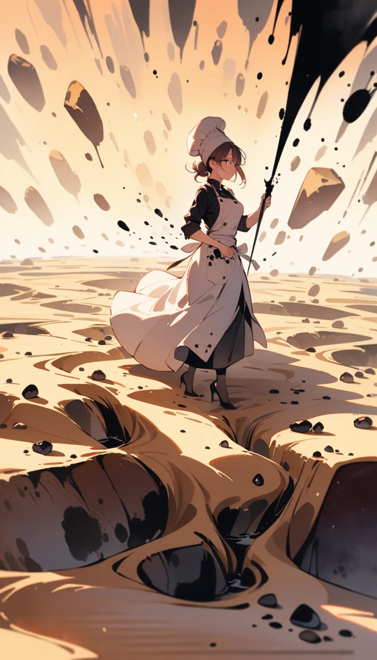 ((best quality)) , ((masterpiece)) , (detailed)，1 female，((surrounded by heavy floating sand flow and floating sharp stones)),((((ink)))),((illustration)),((watercolor))，kitchen，Female chef，High heel，((whole body))