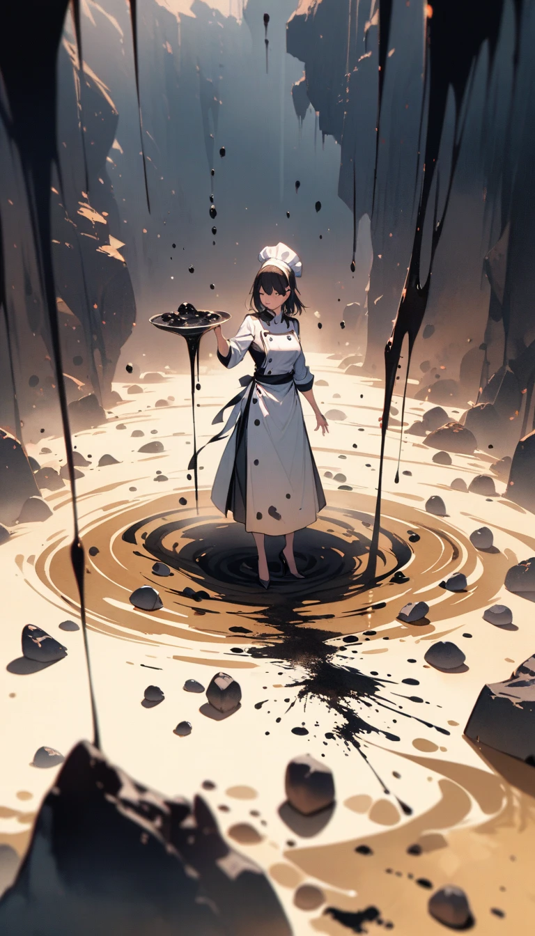 ((best quality)) , ((masterpiece)) , (detailed),1 female,((surrounded by heavy floating sand flow and floating sharp stones)),((((ink)))),((illustration)),((watercolor)),kitchen,Female chef,High heel,((whole body))