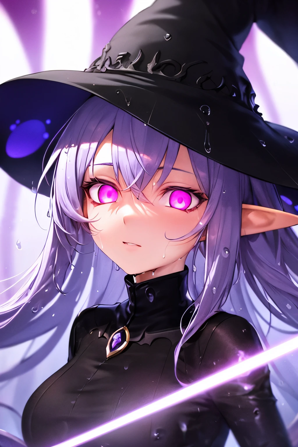 (masterpiece, Best quality, ultra detailed, best shadow), (detailed background,dark fantasy), (beautiful detailed face), high contrast, (Better lighting, very gentle and beautiful), ((cinematic light)), colorful, hyperdetailing, dramatic light, complex parts, (1 girl, elf, Pink eyes, Sharp face, purple hair, black tight clothing, Purple witch hat), (swirling black light around the character:1.5), depth of field, Black light particles, (shower), (character wet from rain), (raindrops), (distant view), (full height), (stands on the water)