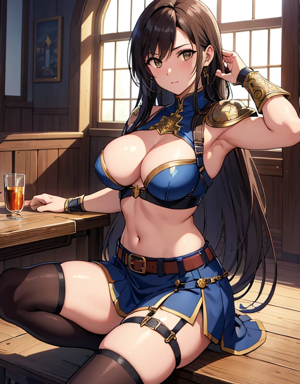 Browsing Caution, Movie Scenes, Fantasy art, Best image quality, Surreal Portraits,(8k),Ultra-realistic,最high quality ,high quality, High resolution, high qualityの質感,Attention to detail, beautiful, detailed, Extremely detailed CG,detailedなテクスチャ,Realistic facial expressions, masterpiece, in front,dynamic,bold,1 girl, Tifa:1.51 women, Age 25, Light brown hair, Long Hair, Up Bang Hair, Floating Hair, Highly detailed skin,curve,,beautiful胸,Center of chest, Pale skin, Pointed Chest, Nipples,),{最high quality}, {とてもbeautiful}, {Super detailed}, {最高のAn illustration}, masterpiece,{{{{{Skirt Lift:1.5}}}}},{{{{{Showing off blue panties:1.9}}}}},garter belt:1.2,((Holy Knight)), Smooth breastplate, ((Platinum Armor))、((((Extremely detailed and intricately decorated armor:1.1)))),Red Cowboy Shot,smooth udder、big 、(Golden Ratio,Tabletop, 最high quality, 最high quality, Official Art, beautifully、beautiful:1.2), Very detailed, colorful,最高のdetailed,An illustration, Great scene, Tifa Costume:1.5, Tifa Costume:1.5, mini skirt,Knee socks,  Thighs, gem, Blue Belt,Belt number 1),Course of action, A look of contempt ,From below,Sitting:1.9,Spread your legs:1.9, Please stretch your legs and rest.,No stockings,squat, Spread your legs