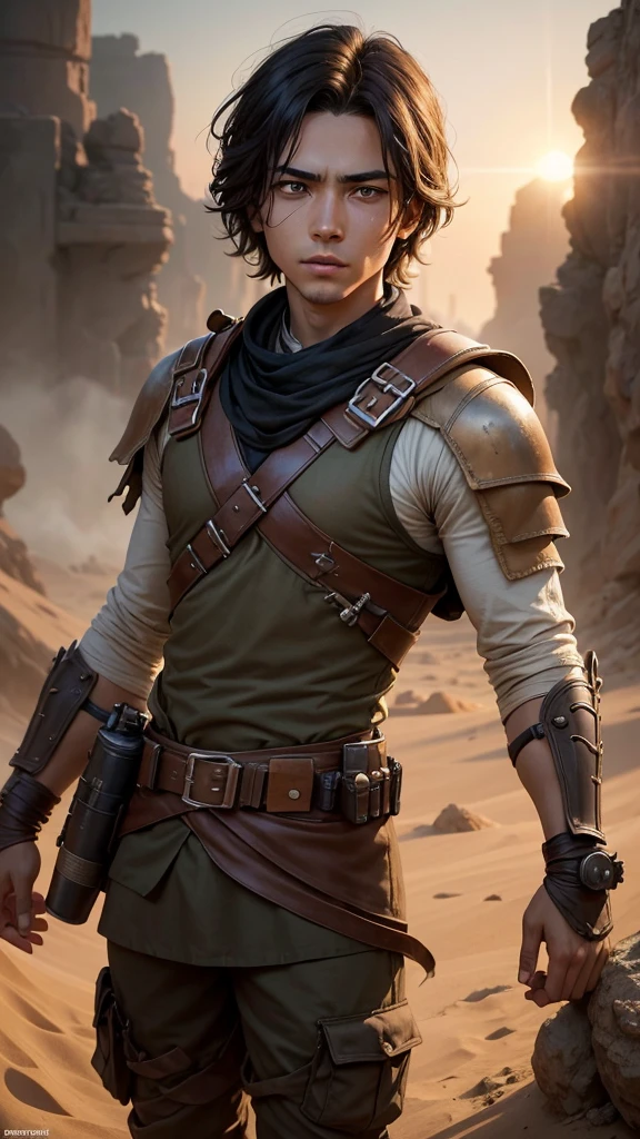 
Create a highly realistic, cinematographic portrait of **CENGİZHAN**, a young hero from the Star Wars universe. CENGİZHAN ist ein mutiger und entschlossener Junge im Alter von etwa 23 yearsn. He has a wild, but sympathetic charisma. 

**Details:**

- **Face and expression:**
  - Alter: 23 years.
  - Skin color: Helle, slightly tanned skin.
  - Eyes: size, expressive brown eyes with a touch of determination and curiosity.
  - Hair: Short, dark hair, slightly disheveled, which give it an untamed look.
  - Expression: A brave, determined look with a touch of innocence and adventurous spirit.

- **Clothing and equipment:**
  - Wears a mix of traditional Star Wars clothing and improvised armor.
  - A simple, but robust helmet, which he made from various materials.
  - A worn, leather tunic and matching trousers, which offer both freedom of movement and protection.
  - A self-made blaster, who hangs at his side.

- **backdrop:**
  - A rough, desert-like planet with two suns on the horizon, reminiscent of Tatooine.
  - Im backdrop sind verfallene Gebäude und Teile abgestürzter Raumschiffe zu sehen, that create a post-apocalyptic atmosphere.

- **Light and atmosphere:**
  - Warmes, golden light of the setting sun, das das Gesicht von CENGİZHAN sanft beleuchtet und seine Entschlossenheit betont.
  - Dust and sand, which swirl gently through the air and create a mystical, create an epic atmosphere.
  - Deep shadows, which enhance the contrast between light and darkness and give the image a dramatic touch.

**Additional Notes:**
- Pay attention to a high level of detail in the depiction of Cengizhan&#39;s facial features and his clothing. The image should have a cinematic quality, as if it were a still from an epic Star Wars movie. The atmosphere should convey excitement and a sense of adventure.