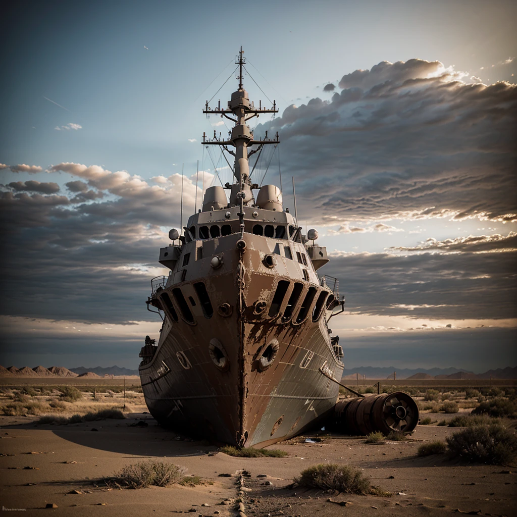 Warship bow with rusty propeller, abandoned in desert, Clouded, natta, dark, post apocalyptic