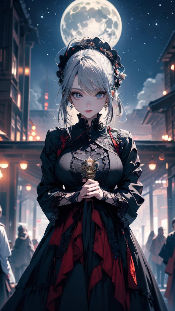masterpiece, high quality, 4K, Beautiful design, silhouette,Gray Hair, Highly detailed time and space, wonderful, Finer details, Very knowledgeable woman, Highly detailed solo, 1 female,Big Breasts,Red Gothic Lolita Fashion,Hold the fan in front of your chest.,Night view,Starry Sky,full moon,