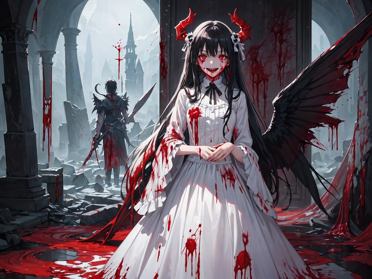 (Highest quality,4K,High resolution,masterpiece:1.2),Very detailed,Realistic:1.37,Spooky altar background,Dark fantasy,Red color scheme,Ominous atmosphere,Eye-catching,Storytelling,anatomy,Anime Style,Concept Art,beautiful細部までこだわった顔と (((Red eyes ))),A terrifying ritual ,Satanic Ritual,Premature death,inappropriate behavior,クレイジーなsmile,Scythe Face,Girl Monster, beautiful, Delicate facial features, Sharp Eye, Sharp Fangs, pale skin, Thick chain, Dark Background, Cinema Lighting, Dramatic Shadows, Gothic style, Gloomy atmosphere, Dark fantasy, One Girl, , Please open your mouth wide, Open your mouth and baring your teeth,Sharp teeth like a beast, Wide lips, very wide mouth, Vermilion cheeks, ,(Blood splatter:1.4),Scary smile, smile,Fallen angel design, Twisted smile、Bloody、bleeding from the head,,,,,、Blood splatter、,(Blood splatter:1.4),Crossbones, skull,Horror Style, ((Fantasy Fallen Angel Costume)), ((Flowing black hair)), ,(Blood splatter:1.4),Female curves, Sexy flat stomach, Perfect hands, Perfect anime face, ((White Lolita Dress)), Are standing, ((邪悪なsmile)), ,(Blood splatter:1.4), Steam circulates, Moonlight Illumination, night lighting, disaster々new devil horns,,(Blood splatter:1.6),アニメFallen angel design, Twisted smile、Bloody、bleeding from the head,,,,,、Blood splatter、,(Blood splatter:1.4),Crossbones, skull,Gothic architecture、Western architecture、Fantasy World、,Victorian cities, Skeleton Gas Light,Absurd, High resolution、 ((Tabletop)), ((Highest quality)), (Very detailedな), ((Very detailed)), (beautiful), ((pretty girl)), (NFSW:1.8), alone,(10 years old:1.6)、(world&#39;The most terrifying and creepy demon girl:1.5)beautiful face、Whole Body Ezbian、pale, Beautiful Skin、beautiful黒の髪、Smiling Kindly、Dark building ruins、(snow white&#39;Frill dress:1.3)、(The dark ruins are stained with blood:1.3)、Low angle full body shot、(少女は血の海の中にAre standing:1.5)、(The ground is full of blood:1.3)、(The girl lost a lot of blood...:1.3)、)、(クレイジーなsmile:1.6)、Spirits、(Blood dripping from the mouth:1.3)