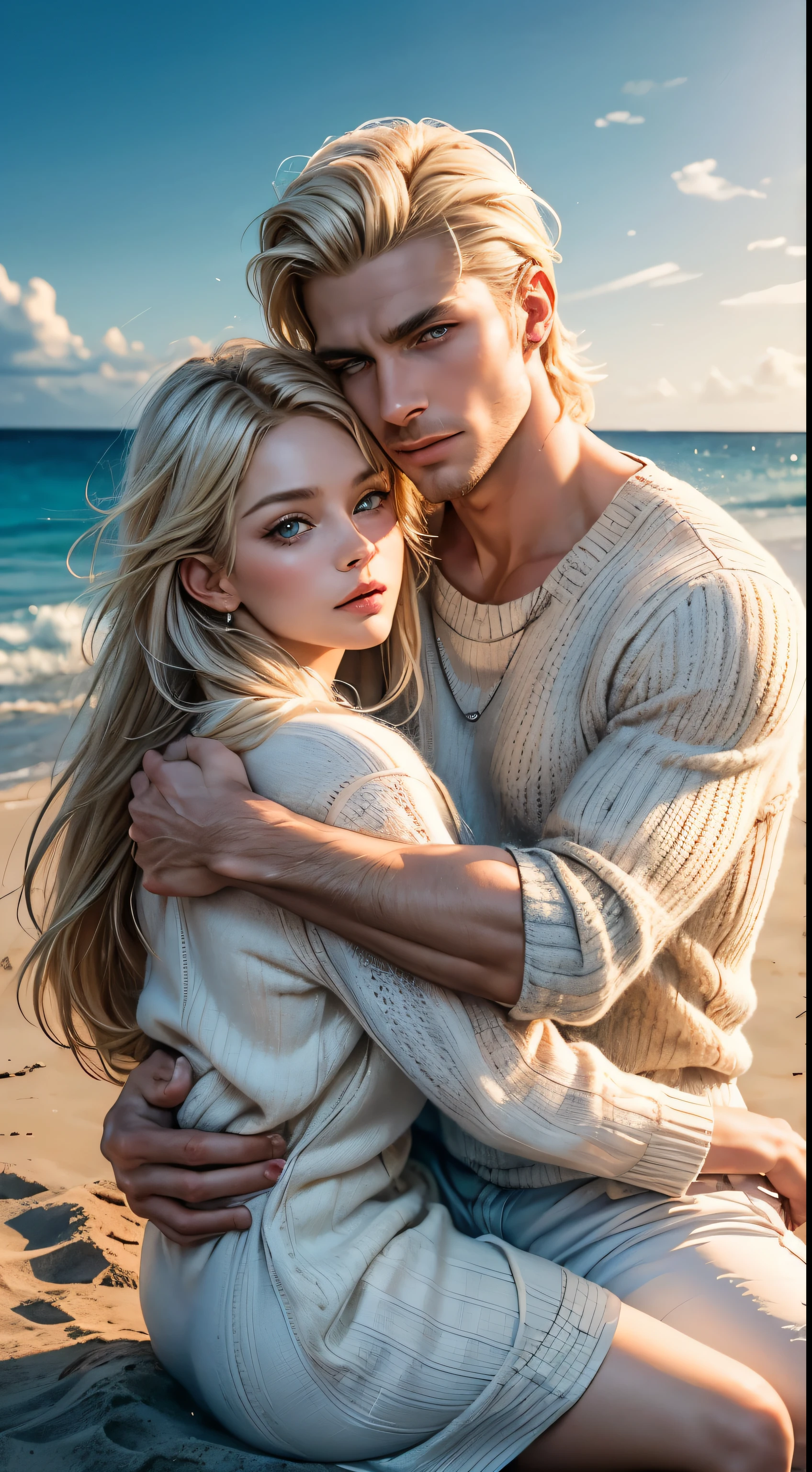 A beautiful tropical beach, an incredibly beautiful sunset. A tall, statuesque, handsome, masculine, manly, athletic adult man is platinum blond, he has tanned skin, blue eyes, perfect facial features, a smooth-shaven face, he has long straight white hair. He is dressed in a white shirt and light jeans, sitting on the shore and hugging an incredibly beautiful graceful delicate young woman sitting next to him-a golden-haired blonde with blue eyes, long golden hair tied with a red ribbon, she is dressed in a light white dress and wrapped in a warm knitted sweater, clinging to him. They are in love with each other. They are happy. Masterpiece, perfect image, realistic pictures, detailed face study, full-length image, 8k, detailed image. an extremely detailed illustration, a real masterpiece of the highest quality, with careful drawing.