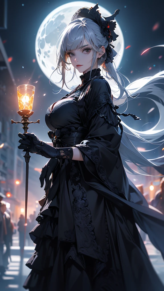masterpiece, high quality, 4K, Beautiful design, silhouette,Gray Hair, Highly detailed time and space, wonderful, Finer details, Very knowledgeable woman, Highly detailed solo, 1 female,Big Breasts,Red Gothic ta Fashion,Hold the fan in front of your chest.,Night view,Starry Sky,full moon,