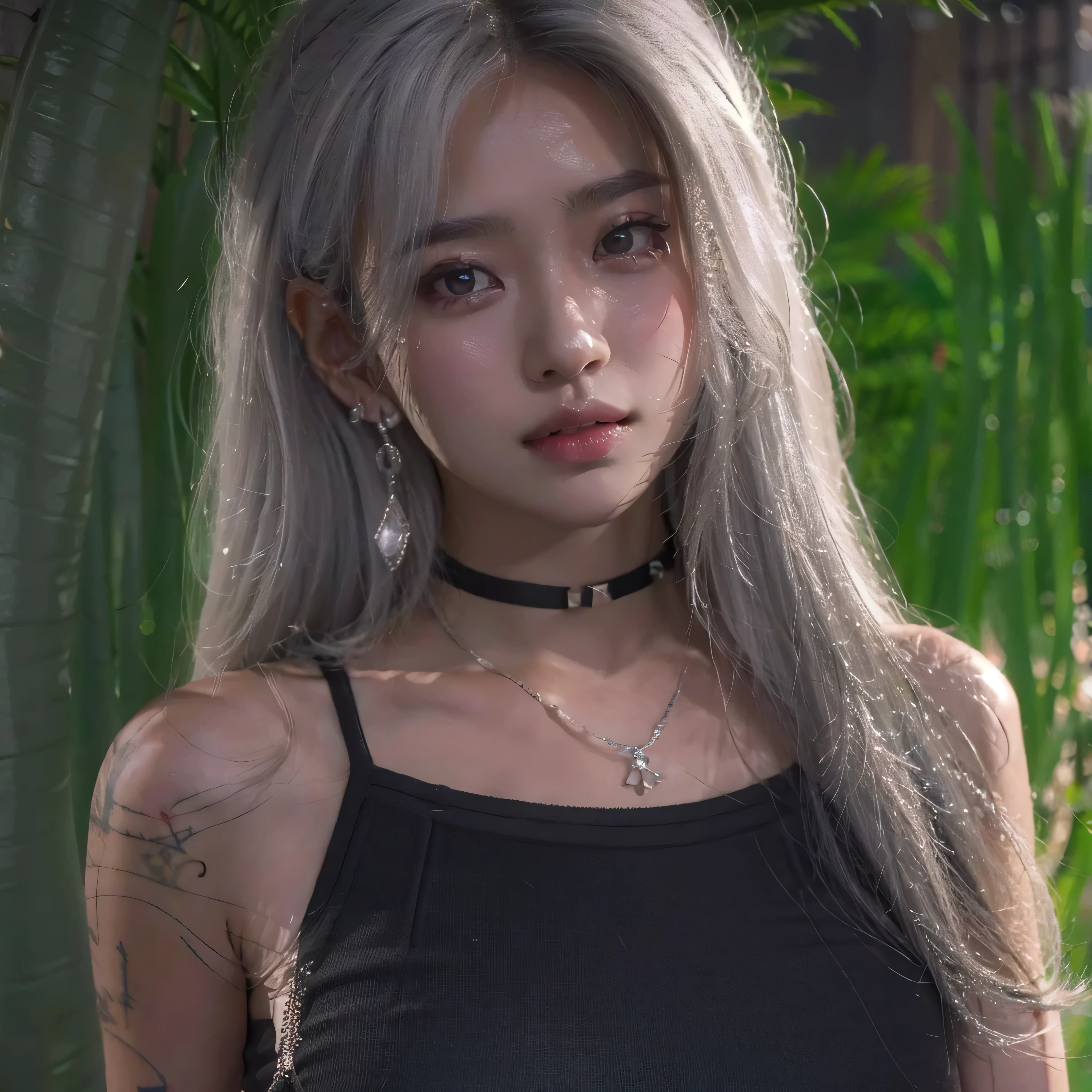 real, RAW photo, extremely delicate and beautiful, masterpiece, Best Quality, ultra high resolution, 32k, hyperrealistic, ultra-detailed, in her 20s, delicate facial features, tearful mole, earring, big breasts, full body shot, shorter middle hair, black hair, (((3 girls))), short pencil skirt, black shirt, collared dress shirt, sleeveless, best quality, ultra high res, (photorealistic:1.4), pretty girl, tanktop black shirt, black tight skirt, black choker, (faded ash gray hair:1), medium breasts, looking at viewer, closeup, (pretty face) , southeast asia girl, (RAW photo, best quality,high quality,highres), (realistic, photo-realistic), ultra-detailed,(front lighting)