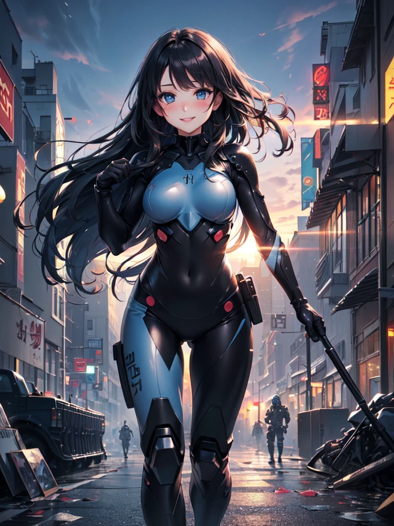 A pretty woman, 1 woman, Japanese, Alone, ((black metal plug suit:1.3)), ((many decorations plug suit), ((battle suit)), ((masterpiece)), ((Best Quality)), (ultra detailed), ((kawaii)), Beautiful, (beautiful), ((extremely detailed)), 4k, (8k), Best Quality, (beautiful), illustration, Worthy, (blow to the body), (Midnight, city, battlefield), (long black hair), Hair blowing in the wind, beautiful blue eyes, ((beautiful eyes)), lip, serious expression, blush, bright,