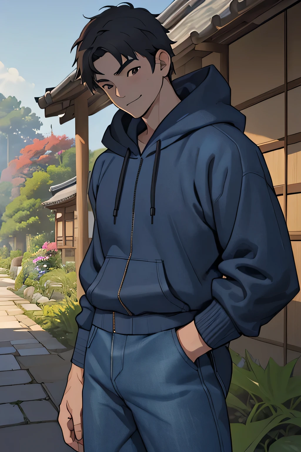 ((masterpiece)), ((best quality)), (ultra-detailed), (((((Garden of Japan house, Not in the shade, Landscape, cowboy shot, fullbodyesbian))))), (8k, ultra-detailed, 1boy, solo, boy, worm eyes, Natural smile), Young boy, eight: 168cm, 6.5 heads, baby face, Innoc ruddy skin)))), (Black Short straight hair, brown eyes), Vivid colors, ((A loose fitting plain hoodie, The sleeves reach to the elbows), Denim trousers)