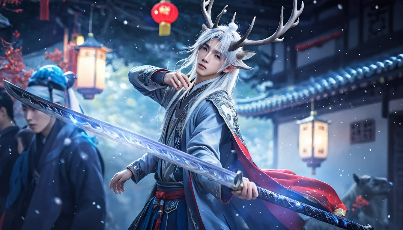 (absurdres, highres, ultra detailed, HDR), masterpiece, 1 boy, 22 years old, best quality, chinese style , long silver hair, deer horn above his head, handsome boy, anime eyes, detailed scebe, detailed character, realistic. 