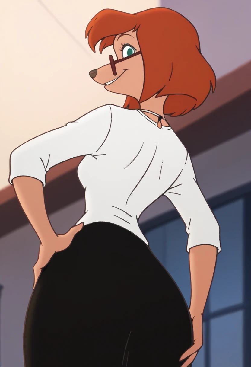 sylvia, 1girl, solo, orange hair, short hair, green eyes, furry female, glasses, white shirt, black skirt,necklace, looking at viewer, cowboy shot,, score_9, score_8_up, score_7_up, score_6_up, score_5_up, score_4_up , from below, upskirt, ass, black thong, skirt lift, seductive smile, aroused, open mouth,