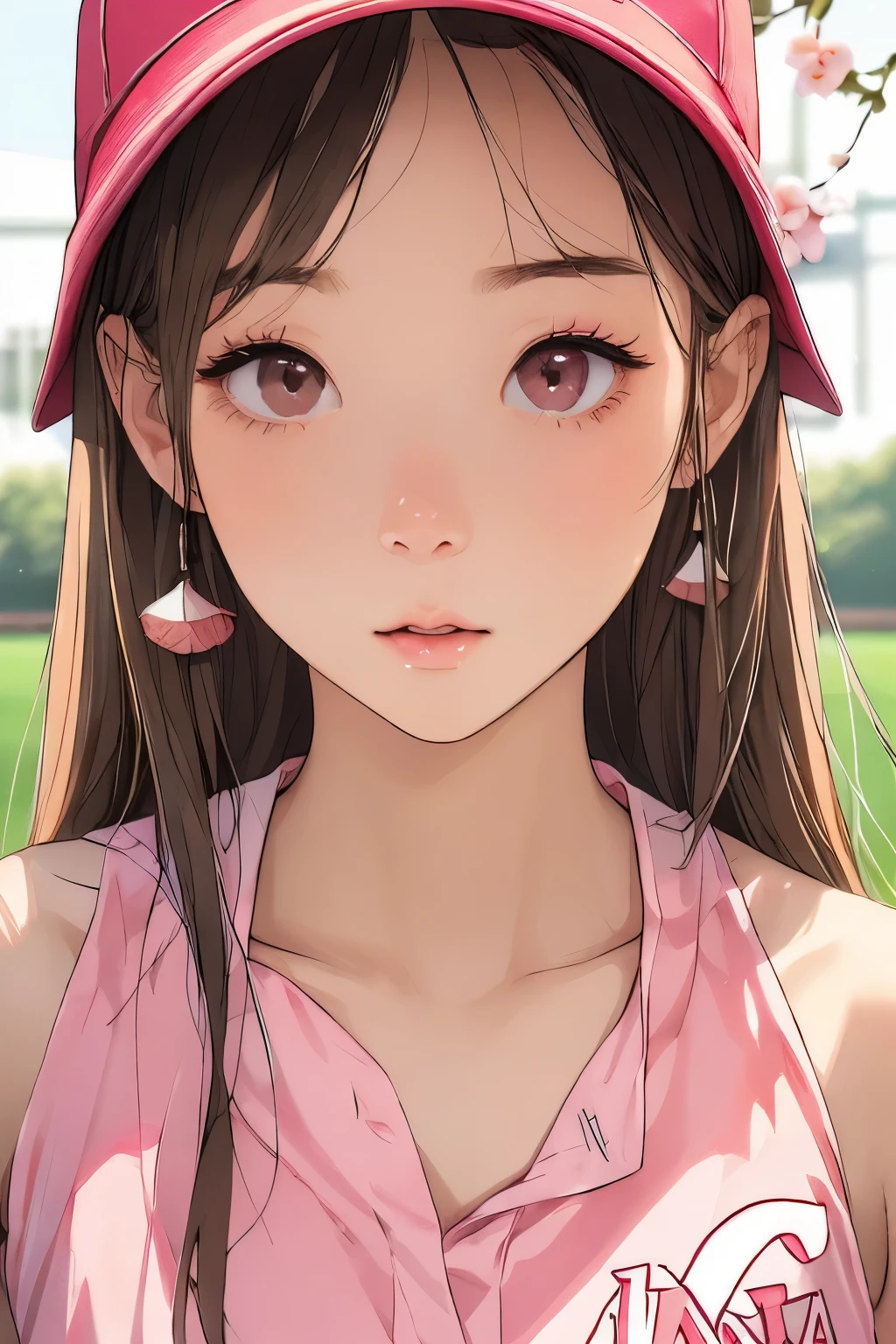 Beautiful and attractive Japanese women、Half-body photo、Delicate and sexy collarbone、Attractive oval face、double eyelid、Bright peach blossom eyes、Pink Lips、Small Nose、Bare shoulders、Concentrated face、Face close-up、Ultra-high resolution、Super detailed、Graceful posture、Baseball uniform、Baseball cap