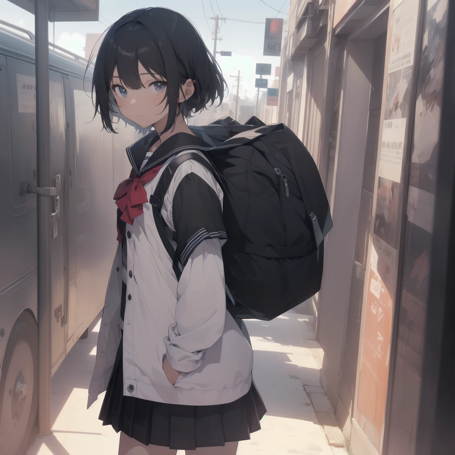 ultra-absurdres-Top quality by artist God, ultra-detailed, high resolution, anime moe artstyle, best anime 8k konachan wallpaper, pixiv contest winner, pool:2810, perfect anatomy,break, 1girl, (Please draw a girl walking sleepily to school alone. )break,(Solo,little female, 13-year-old:1.3),Full limbs, complete fingers,a junior high school student, (very short hair), short cut, flat chest, , small butt, small black eyes, beautiful detailed eyes, well-proportioned iris and pupils, expressive eyes, highres detailed hair, soft expression, salor school_uniform, sailor collar, serahuku, bow, pleated skirt,(Detailed Lighting), (Detailed background), in the School commute route. break,super detailed skin, Best cinematic lighting powered by famous artist, 8k,beauty illustration,photoshop_(medium),very aesthetic,break,((artist:minami_(colorful_palette) )), artist:clamp ,artist:carnelian ,artist:kantoku ,