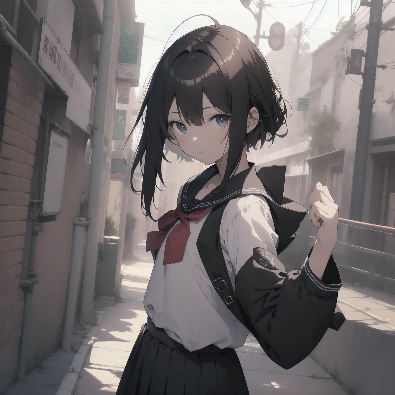 ultra-absurdres-Top quality by artist God, ultra-detailed, high resolution, anime moe artstyle, best anime 8k konachan wallpaper, pixiv contest winner, pool:2810, perfect anatomy,break, 1girl, (Please draw a girl walking sleepily to school alone. )break,(Solo,little female, 13-year-old:1.3),Full limbs, complete fingers,a junior high school student, (very short hair), short cut, flat chest, , small butt, small black eyes, beautiful detailed eyes, well-proportioned iris and pupils, expressive eyes, highres detailed hair, soft expression, salor school_uniform, sailor collar, serahuku, bow, pleated skirt,(Detailed Lighting), (Detailed background), in the School commute route. break,super detailed skin, Best cinematic lighting powered by famous artist, 8k,beauty illustration,photoshop_(medium),very aesthetic,break,((artist:minami_(colorful_palette) )), artist:clamp ,artist:carnelian ,artist:kantoku ,
