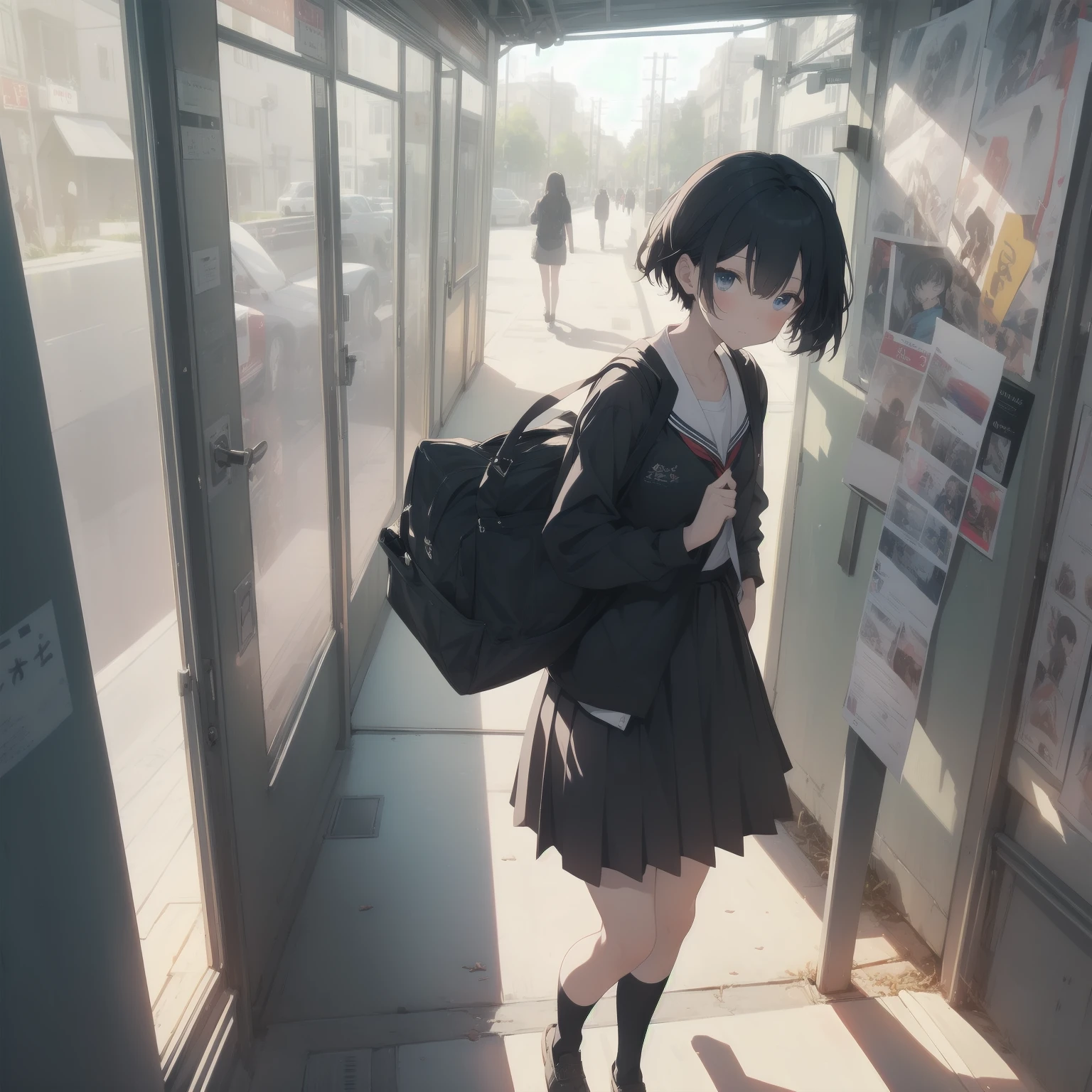 ultra-absurdres-Top quality by artist God, ultra-detailed, high resolution, anime moe artstyle, best anime 8k konachan wallpaper, pixiv contest winner, pool:2810, perfect anatomy,break, 1girl, (Please draw a girl walking sleepily to school alone. )break,(Solo,little female, 13-year-old:1.3),Full limbs, complete fingers,a junior high school student, (very short hair), short cut, flat chest, , small butt, small black eyes, beautiful detailed eyes, well-proportioned iris and pupils, expressive eyes, highres detailed hair, soft expression, salor school_uniform, sailor collar, serahuku, bow, pleated skirt,(Detailed Lighting), (Detailed background), in the School commute route. break,super detailed skin, Best cinematic lighting powered by famous artist, 8k,beauty illustration,photoshop_(medium),very aesthetic,break,((artist:minami_(colorful_palette) )), artist:clamp ,artist:carnelian ,artist:kantoku ,