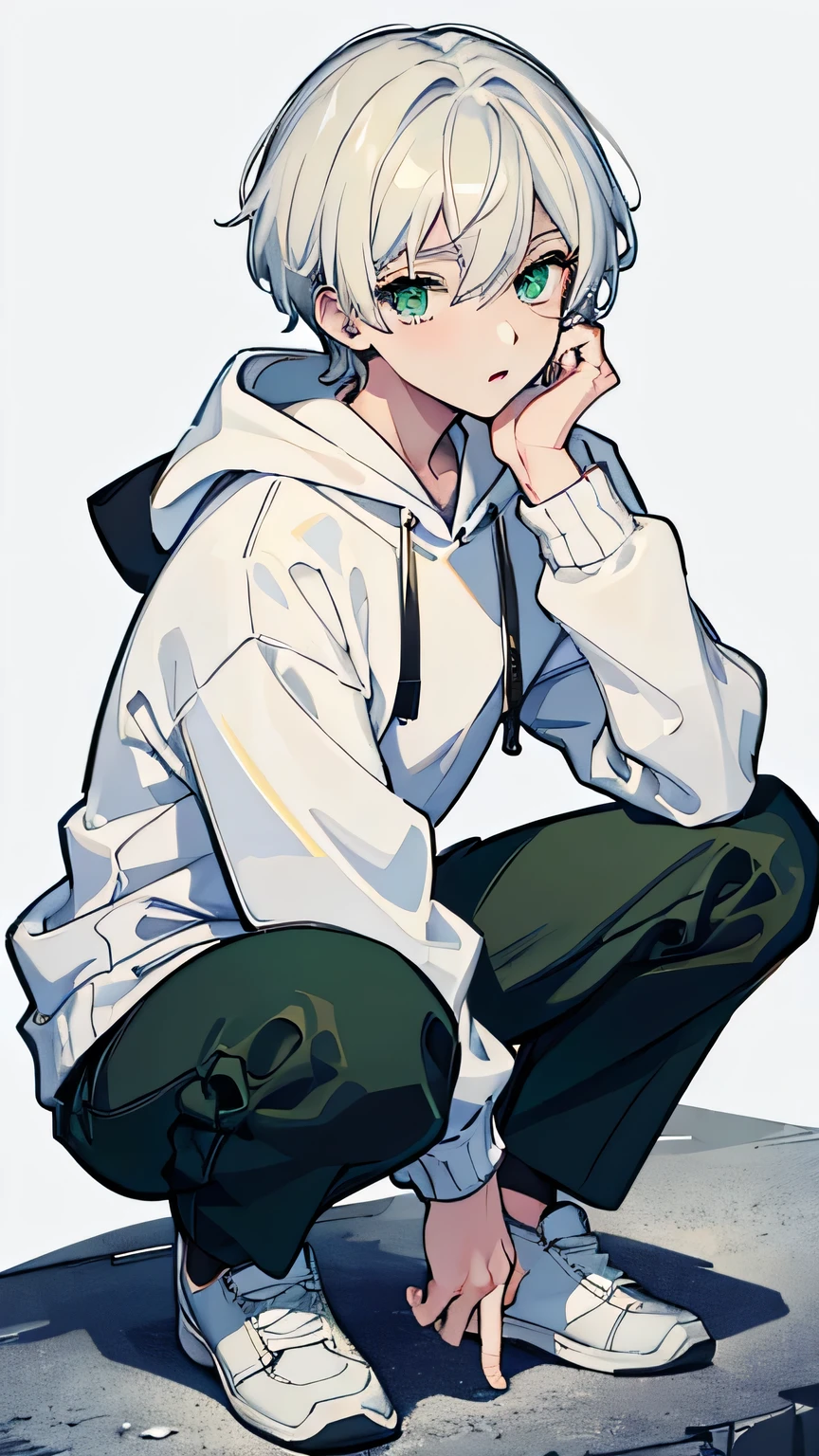 masterpiece, Facial details, Very detailed, 8k, Modern Style, ((One young man)), woman, Short white hair, Green Eyes, white hoodie, Black trousers, I can see the shoes, White Background, joy, squatting,