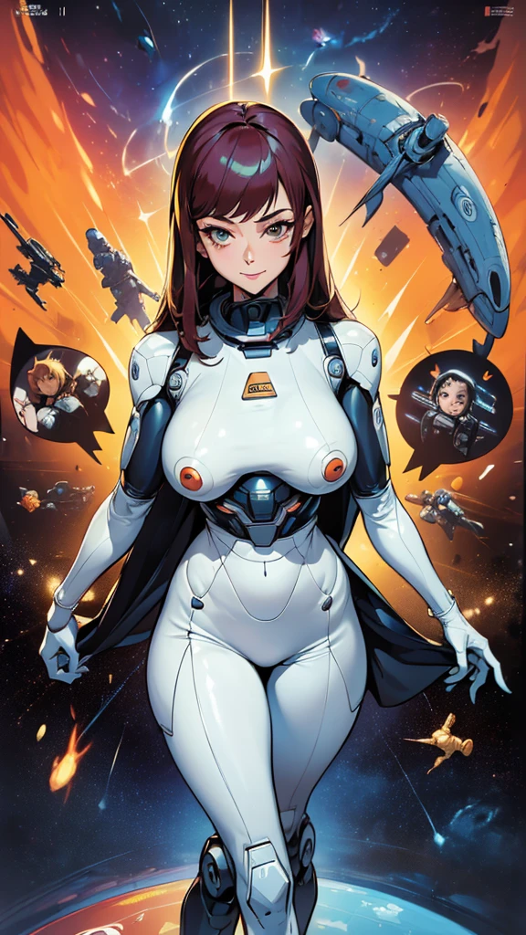 ((masterpiece, Highest quality)), 32K Wallpapers, Very detailed, posters, Vintage science fiction, 1960s,(((space thriller cinematic movie posters))), (Bauhaus), shape,Abstract, Midcentury Modern, movie posters, Vintage, A woman fused with a robot,アニメ,1970s,Halftone,Speech bubble,Milky Way,(superhero),((portfolio,close)),Cyborg of the Future,Combination of machine and woman,Space,Cyborg Lady,Big Breasts,Erect nipples,