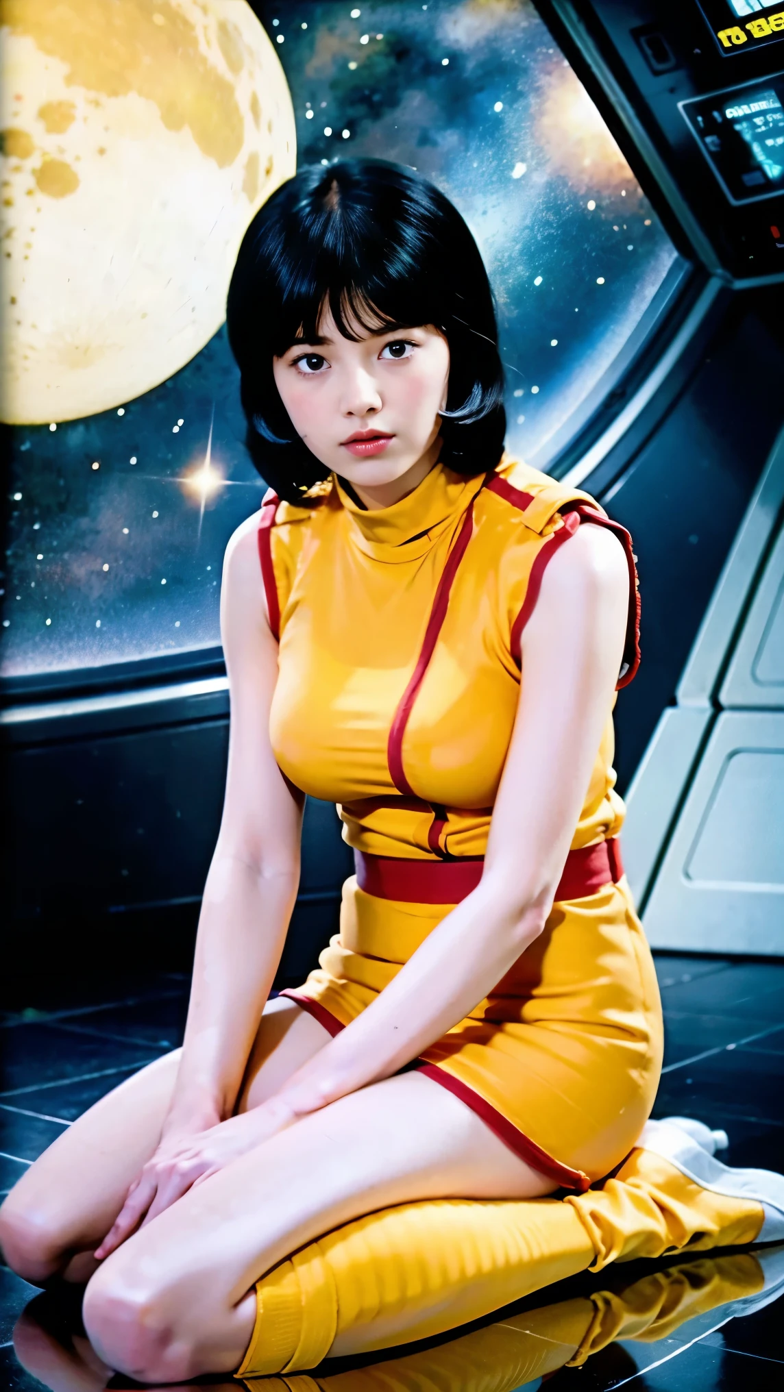 (8k、RAW Photos、Highest quality、masterpiece:1.2、Perfect Anatomy)、(Realistic、Realistic、Full body photo)、1 female、((A slightly sullen look))、short hair、(((A woman in her twenties wearing a Fa Yuiri costume)))、(Being inside a spaceship、Sitting)