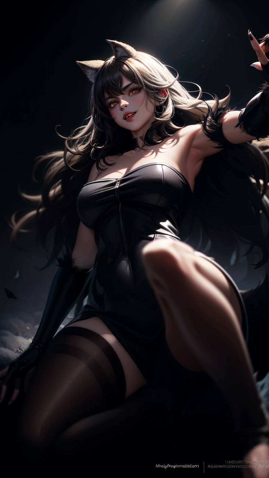 masterpiece, best quality, solo girl, full body, dark blue hair, blue eyes, long hair, medium breasts, sexy body and face, wavy hair, smile, parted lips, gradient clothes, dress, elbow gloves, sleeveless, bare shoulders, cape, boots, bracelet, sleeveless dress, ribbon, black gloves, turtleneck, short dress, pantyhose, black footwear, night, sexy pose, cowboy shots, detailed body, face, and eyes, sharp focus, vibrant, creative, dynamic, high definition, high resolution, 8k, (Upscale: R-ESRGAN 4x+ Anime6mage enchance:4x), voluptuous body, cinema lightning, dakimakura style, looking at the viewer,detailed eyes, detaield hands, detailed face, elf woman,full body