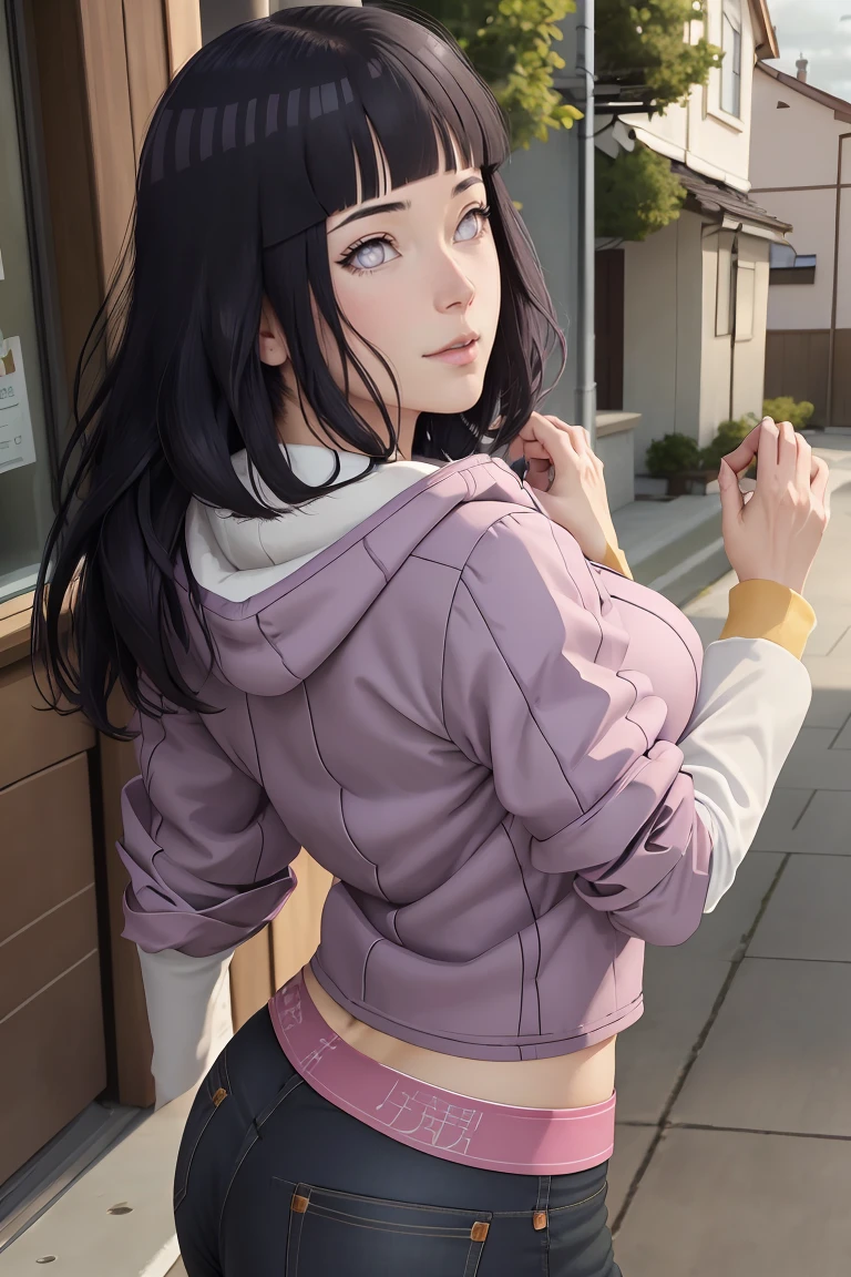 master part, absurdities, hinata\(Boruto\), 1 girl, Alone,mature female, purple hood,layered sleeves, Brown jeans, outdoor, cloudy sky, perfect composition, detailed lips, big breasted, beautiful face, body proportion, blush, (pink lips), short black hair (black fur), lilac eyes, soft look, super realistic, detailed, Photoshoot, realistic face and body, realistic hair, realistic eyes, realistic nose, realistic lips, Brown jeans, cheered up, dancing lightly. on your back, with chin under shoulder, looking back sensually, sexy smile, Closed mouth. different pose.