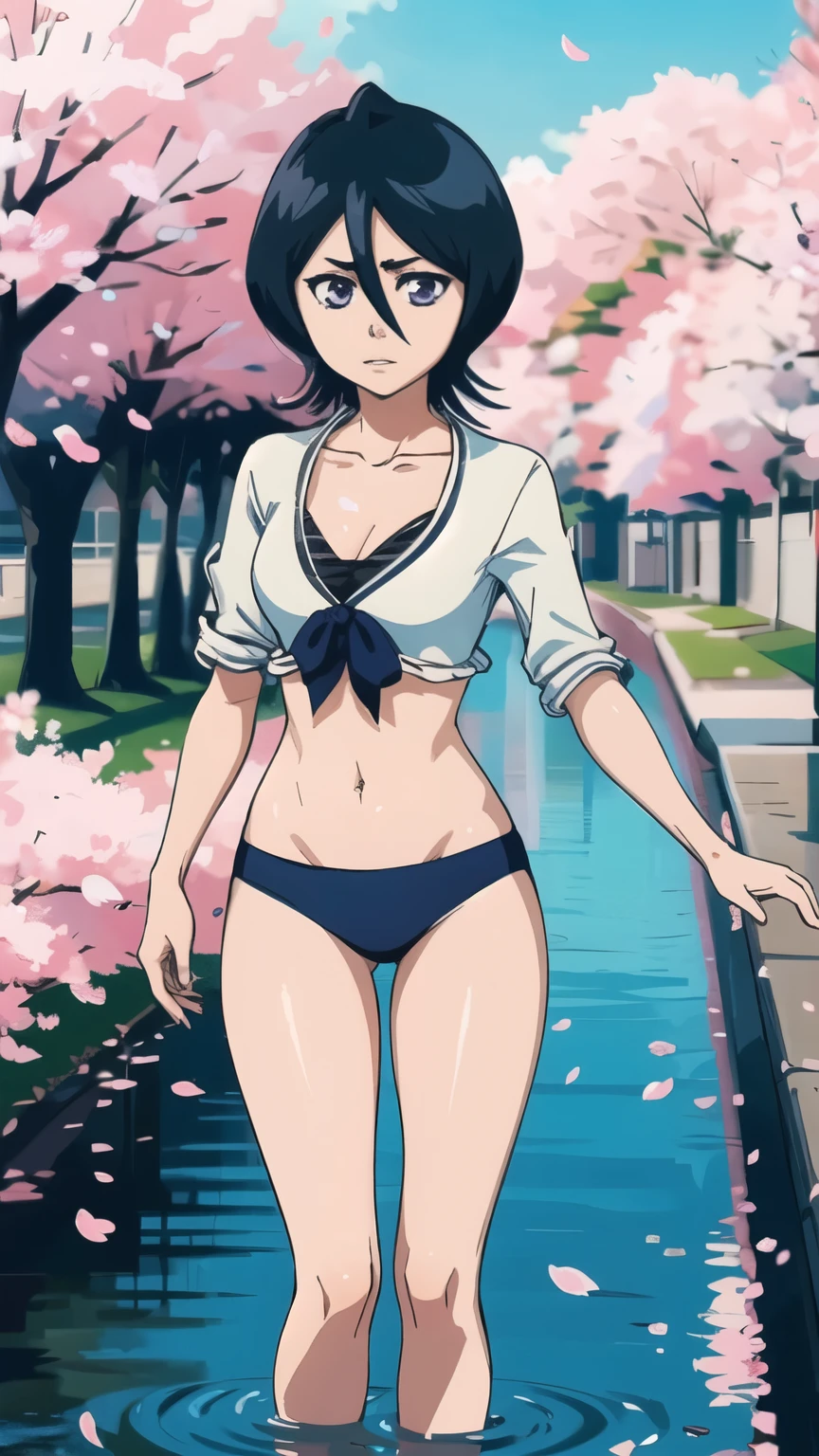 kuchiki_rukia, thick outlines, standing in water upto knee, cherry blossom in background, wearing bikini, photorealistic, solo, detailed eyes, front view, view from front