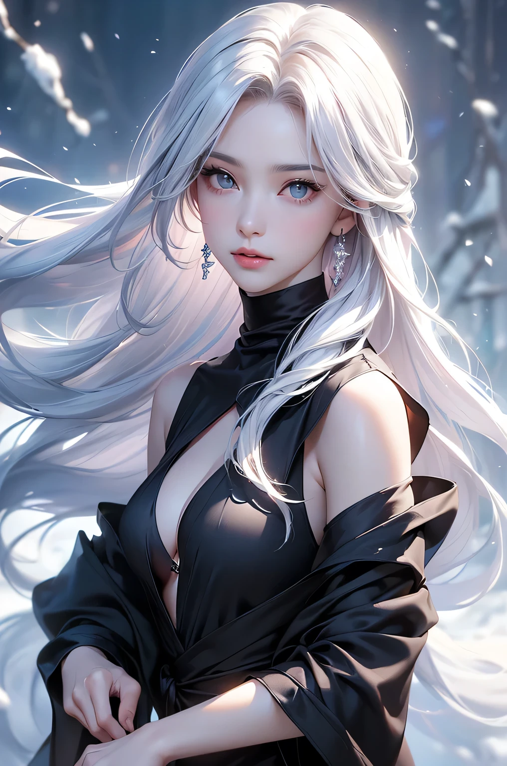 ((masterpiece:1.5、8k、Tabletop、Photorealistic and very detailed CG、Very detailed、Particle Effects、Dynamic Effects、Shallow depth of field、Cinematic Light、Lens flare、Ray Tracing、Tabletop、Realistic:1.4、Ultra-high resolution:1.2、Realistic、Realistic))((alone、,A woman wearing a black cashmere coat over a halter neck dress:1.4、Elegant woman posing、Detailed face、brightexpression、young, bright, Whiter skin、Medium chest、Beautiful cleavage、Best Looks、ASİAN、Ultimate beauty、bright and shiny hair,、Super long, Silky straight hair、Hair dancing in the wind))(morning、The setting is outdoors in the snow、Crystal of snow)((shiny white hair))