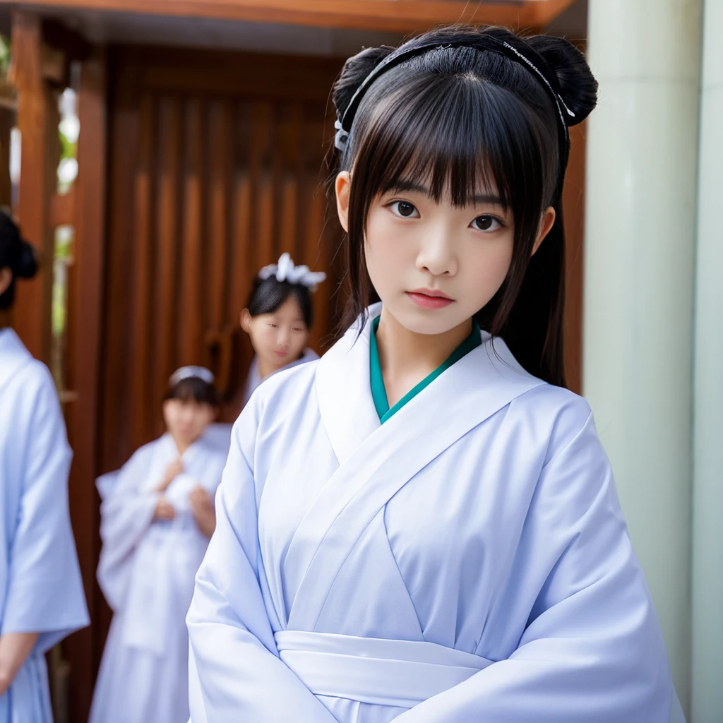 The background is white,Shrine maiden&#39;s kimono,The colors are red and white,Japanese Girl,whole body,Golden necklace,Barefoot,