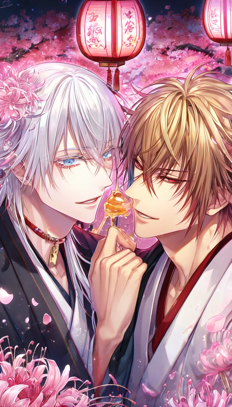 absurd resolution, high resolution, ultra detailed, detailed eyes, extremely detailed, HDR, 8K, Kazama Chikage, honey blonde hair, expressive red eyes, Hakuouki, Tenka Tsurumaru, white hair, expressive blue eyes, white eyelashes, two sexy men together, yaoi, gay couple, handsome, black haori, white kimono, red collar, fantasy, cool, magical, pink glittering butterflies, pink dust flying around, pink spider lilies, pink petals, pink lanterns, Japanese ambiance, cherry blossoms